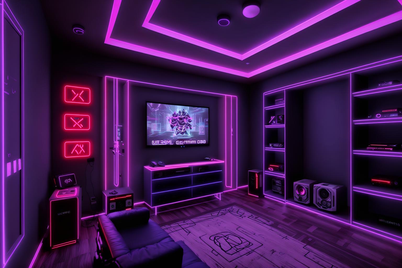 gaming room-style (walk in closet interior) . with neon letters on wall and at night and purple and red lights and speakers and purple, red and blue fade light and multiple displays and dark walls and dark room. . cinematic photo, highly detailed, cinematic lighting, ultra-detailed, ultrarealistic, photorealism, 8k. gaming room interior design style. masterpiece, cinematic light, ultrarealistic+, photorealistic+, 8k, raw photo, realistic, sharp focus on eyes, (symmetrical eyes), (intact eyes), hyperrealistic, highest quality, best quality, , highly detailed, masterpiece, best quality, extremely detailed 8k wallpaper, masterpiece, best quality, ultra-detailed, best shadow, detailed background, detailed face, detailed eyes, high contrast, best illumination, detailed face, dulux, caustic, dynamic angle, detailed glow. dramatic lighting. highly detailed, insanely detailed hair, symmetrical, intricate details, professionally retouched, 8k high definition. strong bokeh. award winning photo.