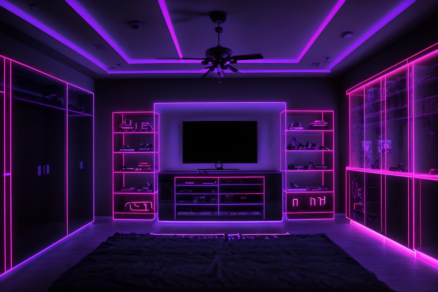 gaming room-style (walk in closet interior) . with neon letters on wall and at night and purple and red lights and speakers and purple, red and blue fade light and multiple displays and dark walls and dark room. . cinematic photo, highly detailed, cinematic lighting, ultra-detailed, ultrarealistic, photorealism, 8k. gaming room interior design style. masterpiece, cinematic light, ultrarealistic+, photorealistic+, 8k, raw photo, realistic, sharp focus on eyes, (symmetrical eyes), (intact eyes), hyperrealistic, highest quality, best quality, , highly detailed, masterpiece, best quality, extremely detailed 8k wallpaper, masterpiece, best quality, ultra-detailed, best shadow, detailed background, detailed face, detailed eyes, high contrast, best illumination, detailed face, dulux, caustic, dynamic angle, detailed glow. dramatic lighting. highly detailed, insanely detailed hair, symmetrical, intricate details, professionally retouched, 8k high definition. strong bokeh. award winning photo.