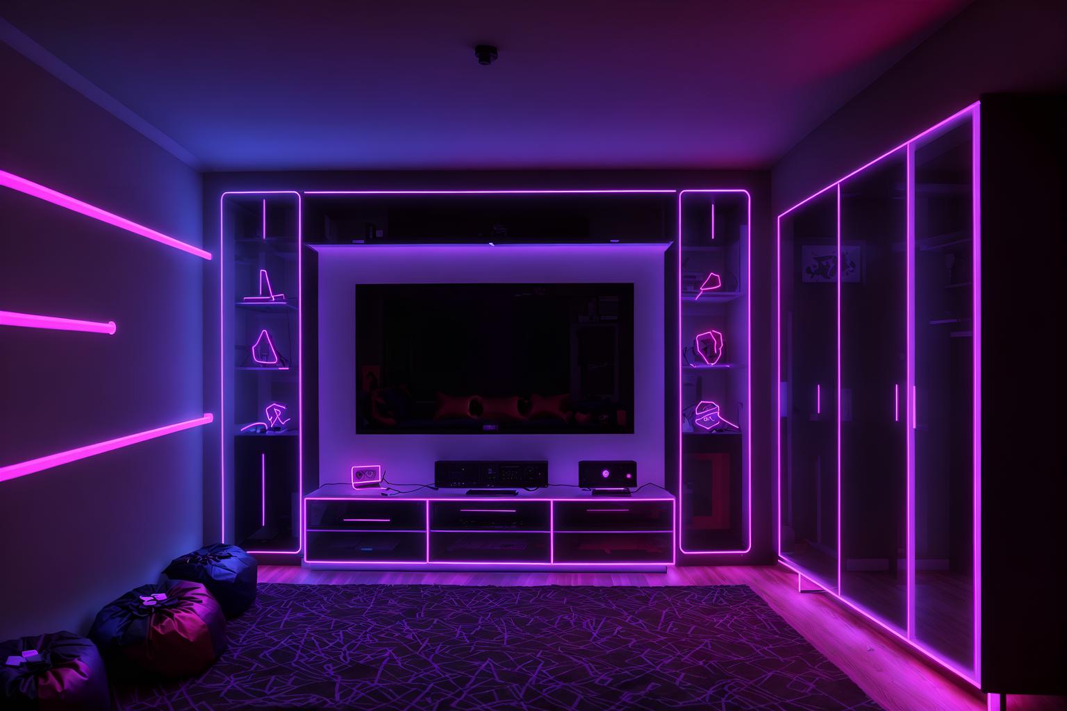 gaming room-style (walk in closet interior) . with neon letters on wall and at night and purple and red lights and speakers and purple, red and blue fade light and multiple displays and dark walls and dark room. . cinematic photo, highly detailed, cinematic lighting, ultra-detailed, ultrarealistic, photorealism, 8k. gaming room interior design style. masterpiece, cinematic light, ultrarealistic+, photorealistic+, 8k, raw photo, realistic, sharp focus on eyes, (symmetrical eyes), (intact eyes), hyperrealistic, highest quality, best quality, , highly detailed, masterpiece, best quality, extremely detailed 8k wallpaper, masterpiece, best quality, ultra-detailed, best shadow, detailed background, detailed face, detailed eyes, high contrast, best illumination, detailed face, dulux, caustic, dynamic angle, detailed glow. dramatic lighting. highly detailed, insanely detailed hair, symmetrical, intricate details, professionally retouched, 8k high definition. strong bokeh. award winning photo.