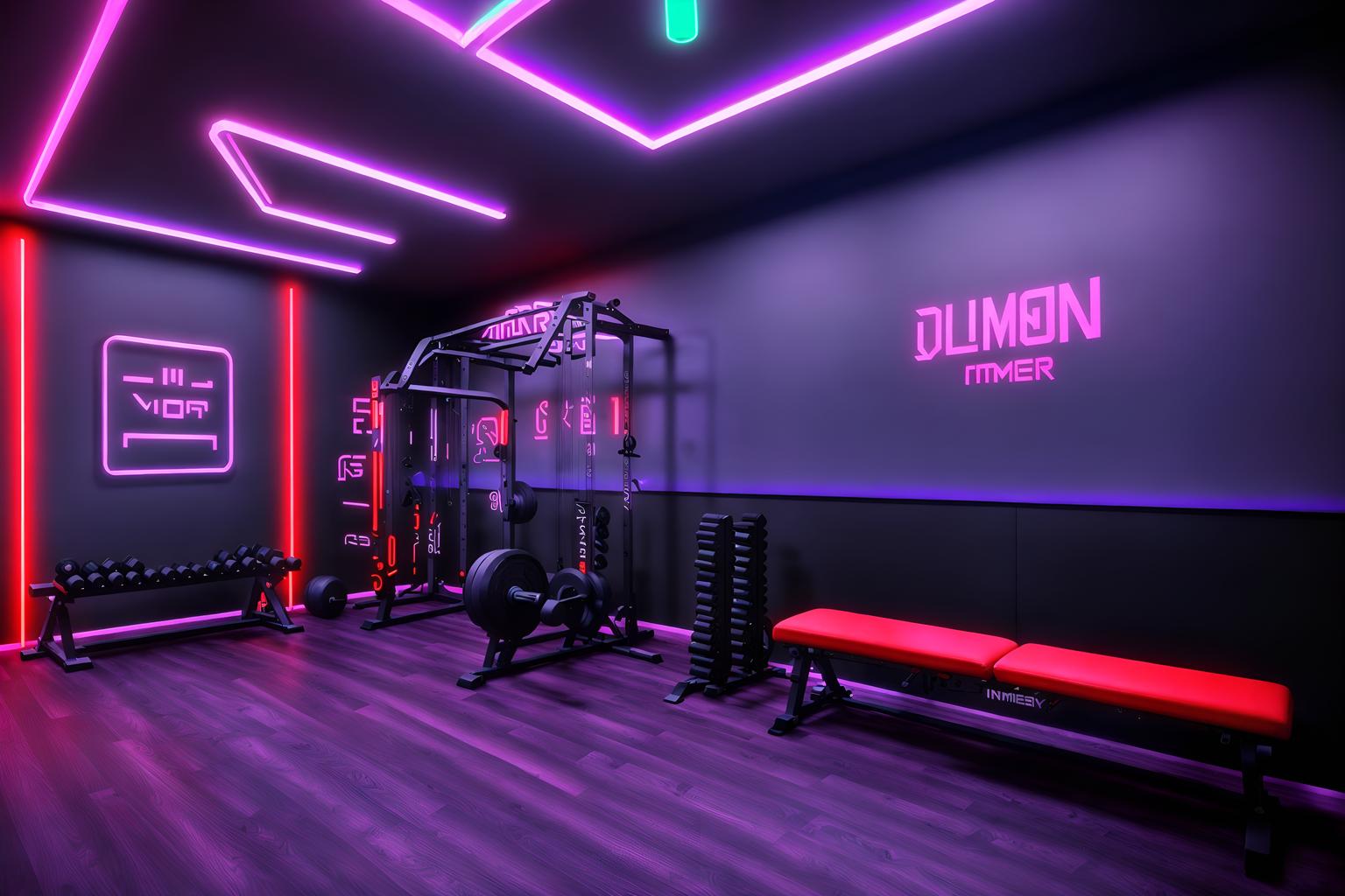 gaming room-style (fitness gym interior) with dumbbell stand and bench press and squat rack and crosstrainer and exercise bicycle and dumbbell stand. . with neon letters on wall and neon lights and purple, red and blue fade light and speakers and dark room and dark walls and multiple displays and purple and red lights. . cinematic photo, highly detailed, cinematic lighting, ultra-detailed, ultrarealistic, photorealism, 8k. gaming room interior design style. masterpiece, cinematic light, ultrarealistic+, photorealistic+, 8k, raw photo, realistic, sharp focus on eyes, (symmetrical eyes), (intact eyes), hyperrealistic, highest quality, best quality, , highly detailed, masterpiece, best quality, extremely detailed 8k wallpaper, masterpiece, best quality, ultra-detailed, best shadow, detailed background, detailed face, detailed eyes, high contrast, best illumination, detailed face, dulux, caustic, dynamic angle, detailed glow. dramatic lighting. highly detailed, insanely detailed hair, symmetrical, intricate details, professionally retouched, 8k high definition. strong bokeh. award winning photo.