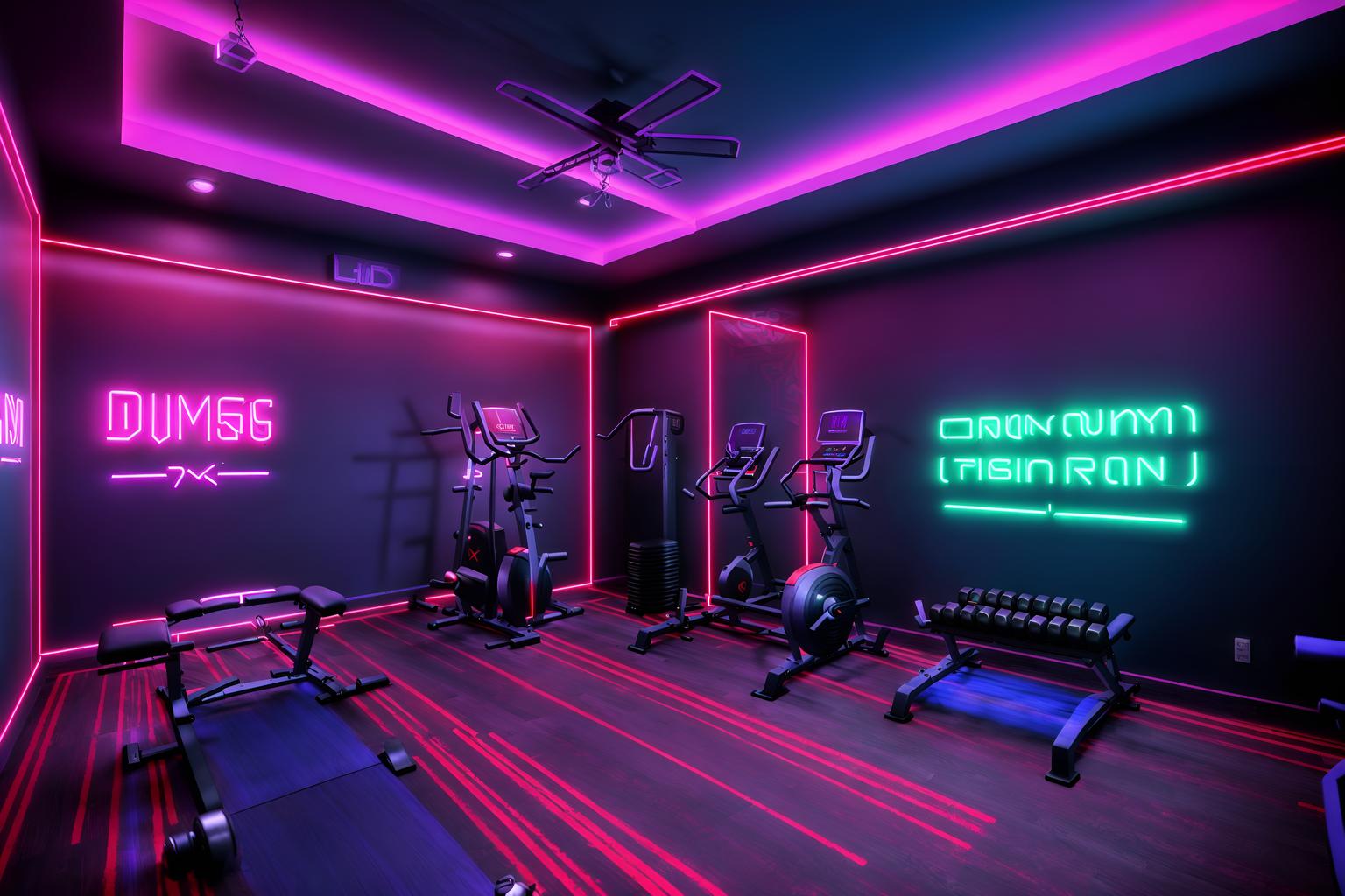 gaming room-style (fitness gym interior) with dumbbell stand and bench press and squat rack and crosstrainer and exercise bicycle and dumbbell stand. . with neon letters on wall and neon lights and purple, red and blue fade light and speakers and dark room and dark walls and multiple displays and purple and red lights. . cinematic photo, highly detailed, cinematic lighting, ultra-detailed, ultrarealistic, photorealism, 8k. gaming room interior design style. masterpiece, cinematic light, ultrarealistic+, photorealistic+, 8k, raw photo, realistic, sharp focus on eyes, (symmetrical eyes), (intact eyes), hyperrealistic, highest quality, best quality, , highly detailed, masterpiece, best quality, extremely detailed 8k wallpaper, masterpiece, best quality, ultra-detailed, best shadow, detailed background, detailed face, detailed eyes, high contrast, best illumination, detailed face, dulux, caustic, dynamic angle, detailed glow. dramatic lighting. highly detailed, insanely detailed hair, symmetrical, intricate details, professionally retouched, 8k high definition. strong bokeh. award winning photo.