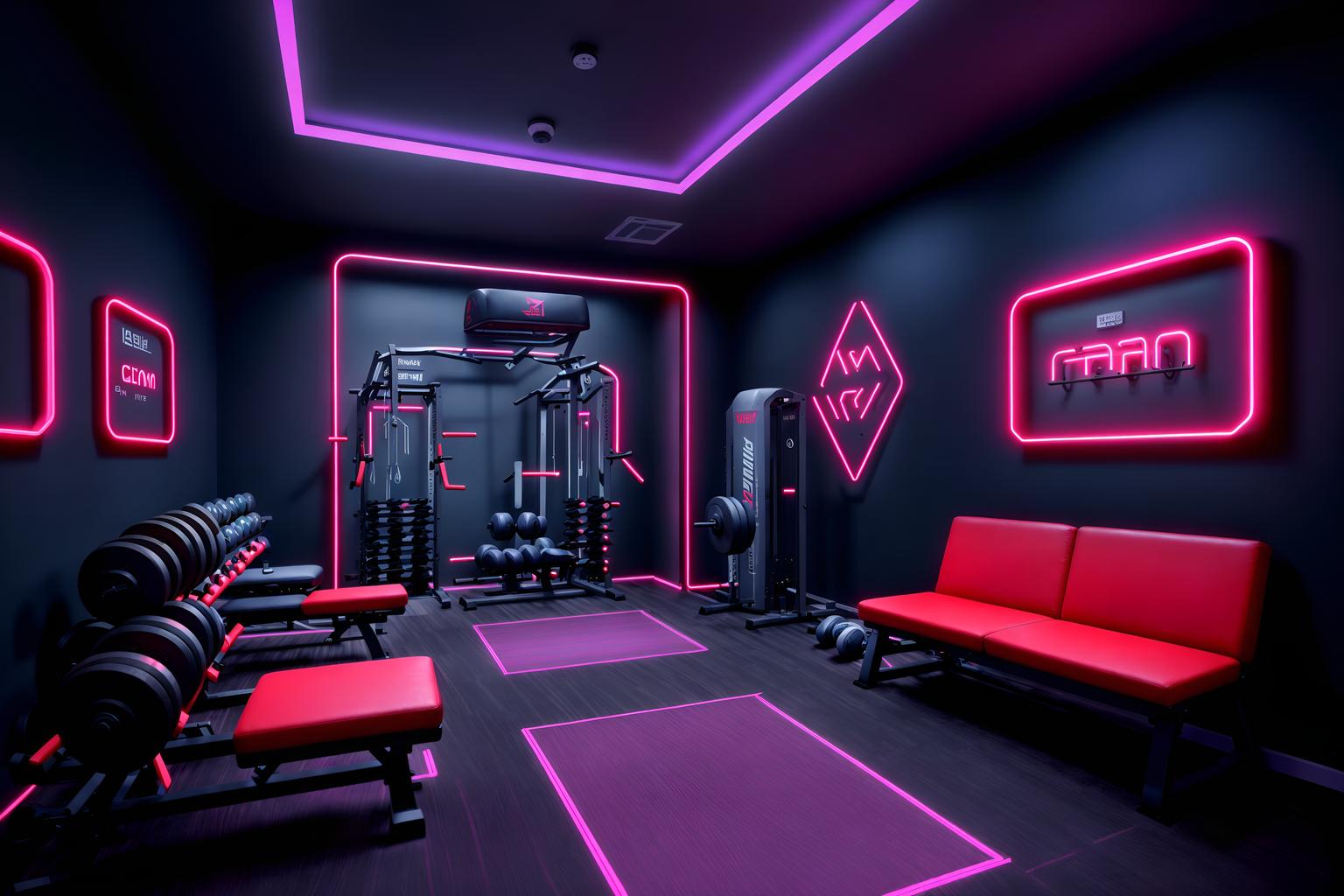 gaming room-style (fitness gym interior) with dumbbell stand and bench press and squat rack and crosstrainer and exercise bicycle and dumbbell stand. . with neon letters on wall and neon lights and purple, red and blue fade light and speakers and dark room and dark walls and multiple displays and purple and red lights. . cinematic photo, highly detailed, cinematic lighting, ultra-detailed, ultrarealistic, photorealism, 8k. gaming room interior design style. masterpiece, cinematic light, ultrarealistic+, photorealistic+, 8k, raw photo, realistic, sharp focus on eyes, (symmetrical eyes), (intact eyes), hyperrealistic, highest quality, best quality, , highly detailed, masterpiece, best quality, extremely detailed 8k wallpaper, masterpiece, best quality, ultra-detailed, best shadow, detailed background, detailed face, detailed eyes, high contrast, best illumination, detailed face, dulux, caustic, dynamic angle, detailed glow. dramatic lighting. highly detailed, insanely detailed hair, symmetrical, intricate details, professionally retouched, 8k high definition. strong bokeh. award winning photo.