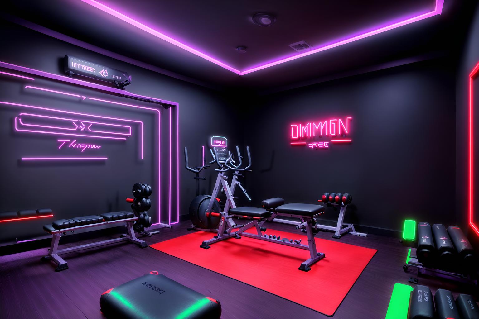 gaming room-style (fitness gym interior) with dumbbell stand and bench press and squat rack and crosstrainer and exercise bicycle and dumbbell stand. . with neon letters on wall and neon lights and purple, red and blue fade light and speakers and dark room and dark walls and multiple displays and purple and red lights. . cinematic photo, highly detailed, cinematic lighting, ultra-detailed, ultrarealistic, photorealism, 8k. gaming room interior design style. masterpiece, cinematic light, ultrarealistic+, photorealistic+, 8k, raw photo, realistic, sharp focus on eyes, (symmetrical eyes), (intact eyes), hyperrealistic, highest quality, best quality, , highly detailed, masterpiece, best quality, extremely detailed 8k wallpaper, masterpiece, best quality, ultra-detailed, best shadow, detailed background, detailed face, detailed eyes, high contrast, best illumination, detailed face, dulux, caustic, dynamic angle, detailed glow. dramatic lighting. highly detailed, insanely detailed hair, symmetrical, intricate details, professionally retouched, 8k high definition. strong bokeh. award winning photo.