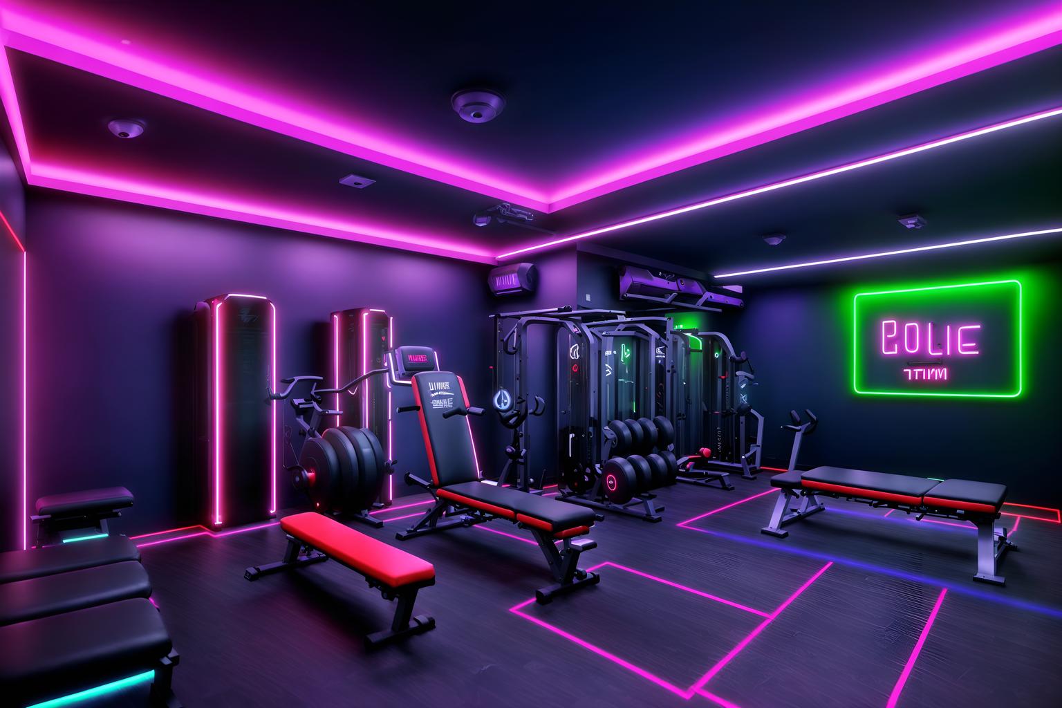 gaming room-style (fitness gym interior) with dumbbell stand and bench press and squat rack and crosstrainer and exercise bicycle and dumbbell stand. . with neon letters on wall and neon lights and purple, red and blue fade light and speakers and dark room and dark walls and multiple displays and purple and red lights. . cinematic photo, highly detailed, cinematic lighting, ultra-detailed, ultrarealistic, photorealism, 8k. gaming room interior design style. masterpiece, cinematic light, ultrarealistic+, photorealistic+, 8k, raw photo, realistic, sharp focus on eyes, (symmetrical eyes), (intact eyes), hyperrealistic, highest quality, best quality, , highly detailed, masterpiece, best quality, extremely detailed 8k wallpaper, masterpiece, best quality, ultra-detailed, best shadow, detailed background, detailed face, detailed eyes, high contrast, best illumination, detailed face, dulux, caustic, dynamic angle, detailed glow. dramatic lighting. highly detailed, insanely detailed hair, symmetrical, intricate details, professionally retouched, 8k high definition. strong bokeh. award winning photo.