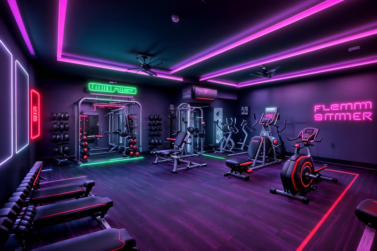 gaming room-style (fitness gym interior) with dumbbell stand and bench press and squat rack and crosstrainer and exercise bicycle and dumbbell stand. . with neon letters on wall and neon lights and purple, red and blue fade light and speakers and dark room and dark walls and multiple displays and purple and red lights. . cinematic photo, highly detailed, cinematic lighting, ultra-detailed, ultrarealistic, photorealism, 8k. gaming room interior design style. masterpiece, cinematic light, ultrarealistic+, photorealistic+, 8k, raw photo, realistic, sharp focus on eyes, (symmetrical eyes), (intact eyes), hyperrealistic, highest quality, best quality, , highly detailed, masterpiece, best quality, extremely detailed 8k wallpaper, masterpiece, best quality, ultra-detailed, best shadow, detailed background, detailed face, detailed eyes, high contrast, best illumination, detailed face, dulux, caustic, dynamic angle, detailed glow. dramatic lighting. highly detailed, insanely detailed hair, symmetrical, intricate details, professionally retouched, 8k high definition. strong bokeh. award winning photo.