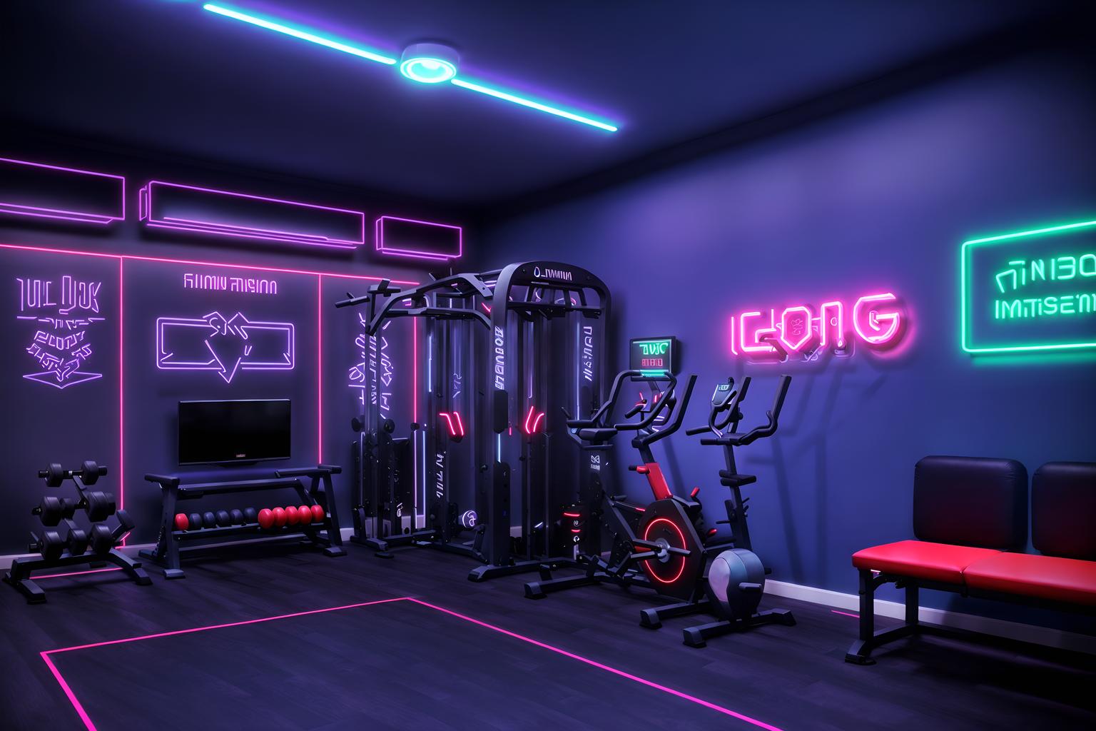 gaming room-style (fitness gym interior) with dumbbell stand and bench press and squat rack and crosstrainer and exercise bicycle and dumbbell stand. . with neon letters on wall and neon lights and purple, red and blue fade light and speakers and dark room and dark walls and multiple displays and purple and red lights. . cinematic photo, highly detailed, cinematic lighting, ultra-detailed, ultrarealistic, photorealism, 8k. gaming room interior design style. masterpiece, cinematic light, ultrarealistic+, photorealistic+, 8k, raw photo, realistic, sharp focus on eyes, (symmetrical eyes), (intact eyes), hyperrealistic, highest quality, best quality, , highly detailed, masterpiece, best quality, extremely detailed 8k wallpaper, masterpiece, best quality, ultra-detailed, best shadow, detailed background, detailed face, detailed eyes, high contrast, best illumination, detailed face, dulux, caustic, dynamic angle, detailed glow. dramatic lighting. highly detailed, insanely detailed hair, symmetrical, intricate details, professionally retouched, 8k high definition. strong bokeh. award winning photo.