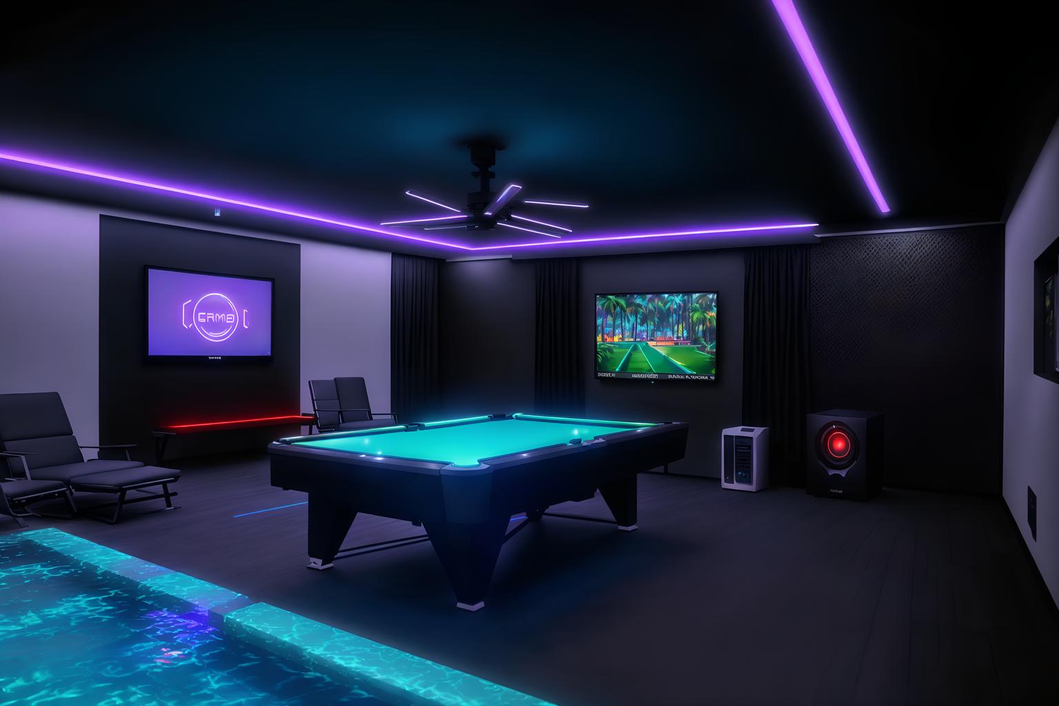 gaming room-style designed (outdoor pool area ) with pool lounge chairs and pool and pool lights and pool lounge chairs. . with gaming chair and speakers and dark walls and neon lights and multiple displays and computer desk with computer displays and keyboard and dark room and purple and red lights. . cinematic photo, highly detailed, cinematic lighting, ultra-detailed, ultrarealistic, photorealism, 8k. gaming room design style. masterpiece, cinematic light, ultrarealistic+, photorealistic+, 8k, raw photo, realistic, sharp focus on eyes, (symmetrical eyes), (intact eyes), hyperrealistic, highest quality, best quality, , highly detailed, masterpiece, best quality, extremely detailed 8k wallpaper, masterpiece, best quality, ultra-detailed, best shadow, detailed background, detailed face, detailed eyes, high contrast, best illumination, detailed face, dulux, caustic, dynamic angle, detailed glow. dramatic lighting. highly detailed, insanely detailed hair, symmetrical, intricate details, professionally retouched, 8k high definition. strong bokeh. award winning photo.