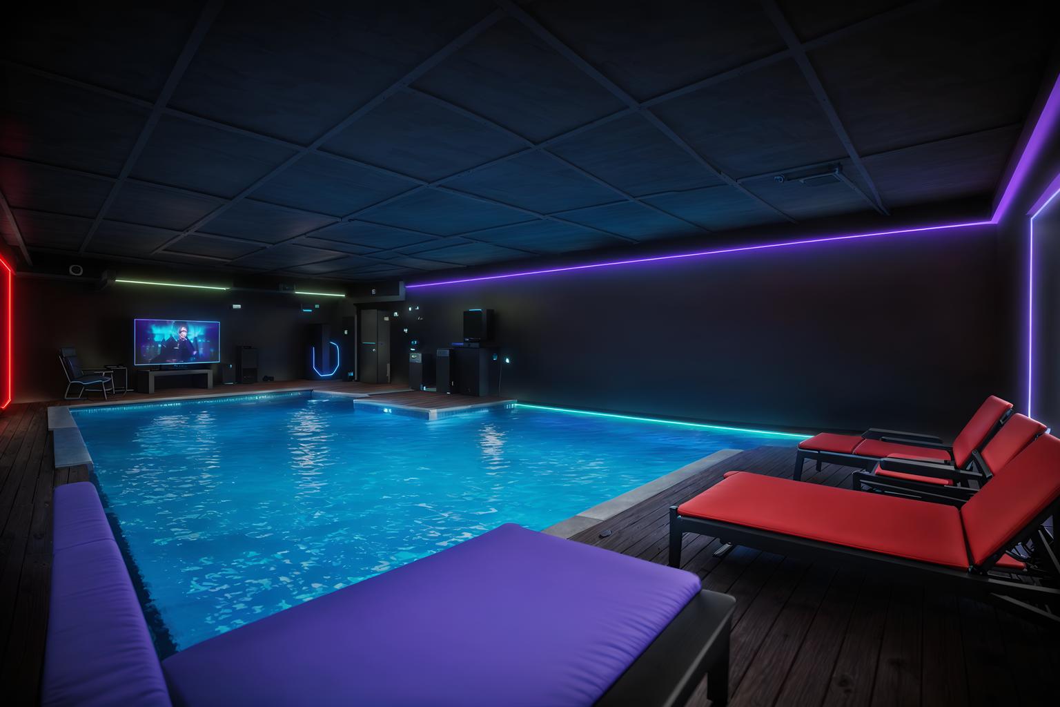 gaming room-style designed (outdoor pool area ) with pool lounge chairs and pool and pool lights and pool lounge chairs. . with gaming chair and speakers and dark walls and neon lights and multiple displays and computer desk with computer displays and keyboard and dark room and purple and red lights. . cinematic photo, highly detailed, cinematic lighting, ultra-detailed, ultrarealistic, photorealism, 8k. gaming room design style. masterpiece, cinematic light, ultrarealistic+, photorealistic+, 8k, raw photo, realistic, sharp focus on eyes, (symmetrical eyes), (intact eyes), hyperrealistic, highest quality, best quality, , highly detailed, masterpiece, best quality, extremely detailed 8k wallpaper, masterpiece, best quality, ultra-detailed, best shadow, detailed background, detailed face, detailed eyes, high contrast, best illumination, detailed face, dulux, caustic, dynamic angle, detailed glow. dramatic lighting. highly detailed, insanely detailed hair, symmetrical, intricate details, professionally retouched, 8k high definition. strong bokeh. award winning photo.