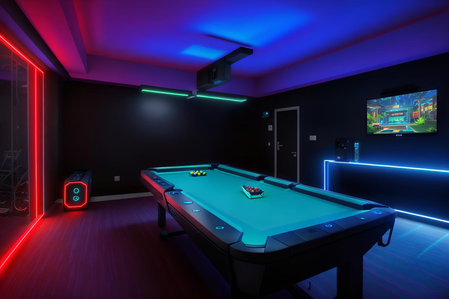 gaming room-style designed (outdoor pool area ) with pool lounge chairs and pool and pool lights and pool lounge chairs. . with gaming chair and speakers and dark walls and neon lights and multiple displays and computer desk with computer displays and keyboard and dark room and purple and red lights. . cinematic photo, highly detailed, cinematic lighting, ultra-detailed, ultrarealistic, photorealism, 8k. gaming room design style. masterpiece, cinematic light, ultrarealistic+, photorealistic+, 8k, raw photo, realistic, sharp focus on eyes, (symmetrical eyes), (intact eyes), hyperrealistic, highest quality, best quality, , highly detailed, masterpiece, best quality, extremely detailed 8k wallpaper, masterpiece, best quality, ultra-detailed, best shadow, detailed background, detailed face, detailed eyes, high contrast, best illumination, detailed face, dulux, caustic, dynamic angle, detailed glow. dramatic lighting. highly detailed, insanely detailed hair, symmetrical, intricate details, professionally retouched, 8k high definition. strong bokeh. award winning photo.