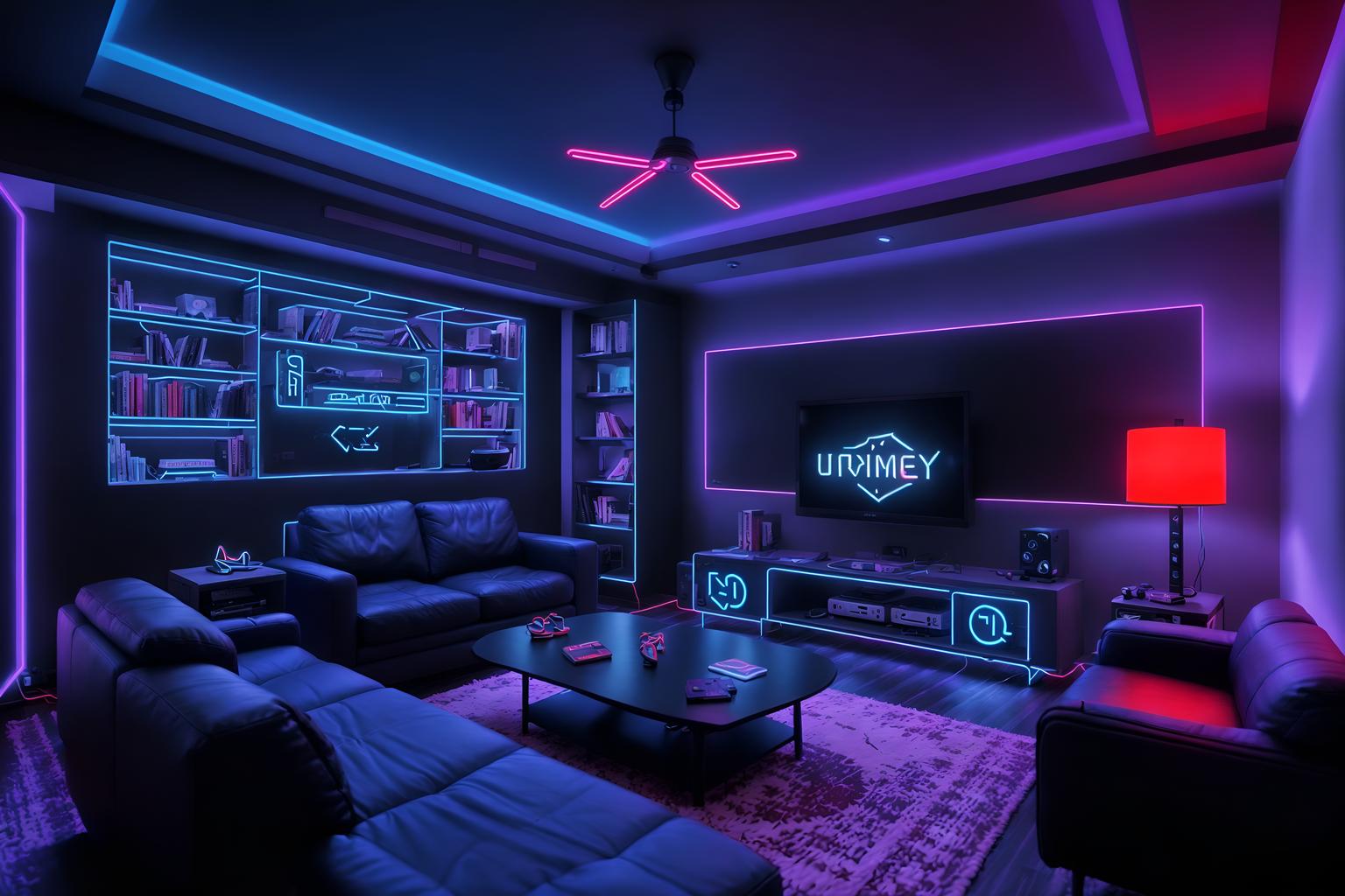 gaming room-style (living room interior) with occasional tables and plant and chairs and furniture and bookshelves and electric lamps and coffee tables and televisions. . with at night and speakers and neon lights and gaming chair and dark walls and purple, red and blue fade light and dark room and neon letters on wall. . cinematic photo, highly detailed, cinematic lighting, ultra-detailed, ultrarealistic, photorealism, 8k. gaming room interior design style. masterpiece, cinematic light, ultrarealistic+, photorealistic+, 8k, raw photo, realistic, sharp focus on eyes, (symmetrical eyes), (intact eyes), hyperrealistic, highest quality, best quality, , highly detailed, masterpiece, best quality, extremely detailed 8k wallpaper, masterpiece, best quality, ultra-detailed, best shadow, detailed background, detailed face, detailed eyes, high contrast, best illumination, detailed face, dulux, caustic, dynamic angle, detailed glow. dramatic lighting. highly detailed, insanely detailed hair, symmetrical, intricate details, professionally retouched, 8k high definition. strong bokeh. award winning photo.