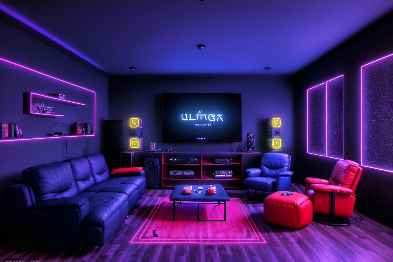 gaming room-style (living room interior) with occasional tables and plant and chairs and furniture and bookshelves and electric lamps and coffee tables and televisions. . with at night and speakers and neon lights and gaming chair and dark walls and purple, red and blue fade light and dark room and neon letters on wall. . cinematic photo, highly detailed, cinematic lighting, ultra-detailed, ultrarealistic, photorealism, 8k. gaming room interior design style. masterpiece, cinematic light, ultrarealistic+, photorealistic+, 8k, raw photo, realistic, sharp focus on eyes, (symmetrical eyes), (intact eyes), hyperrealistic, highest quality, best quality, , highly detailed, masterpiece, best quality, extremely detailed 8k wallpaper, masterpiece, best quality, ultra-detailed, best shadow, detailed background, detailed face, detailed eyes, high contrast, best illumination, detailed face, dulux, caustic, dynamic angle, detailed glow. dramatic lighting. highly detailed, insanely detailed hair, symmetrical, intricate details, professionally retouched, 8k high definition. strong bokeh. award winning photo.