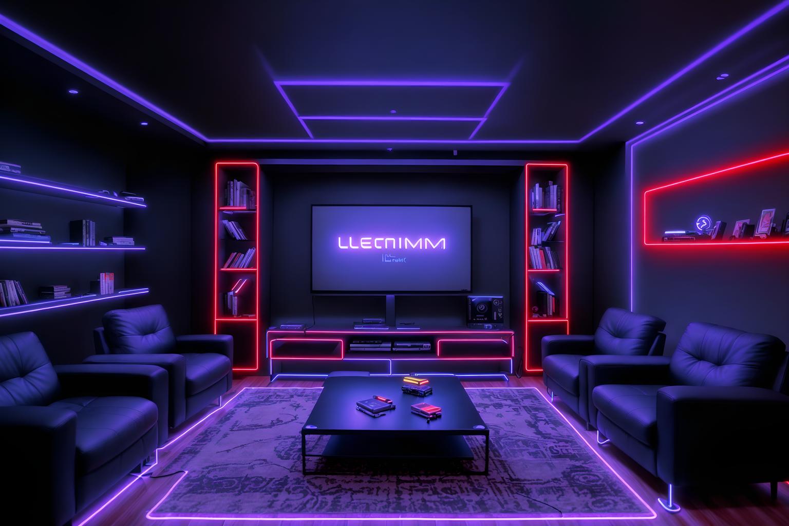 gaming room-style (living room interior) with occasional tables and plant and chairs and furniture and bookshelves and electric lamps and coffee tables and televisions. . with at night and speakers and neon lights and gaming chair and dark walls and purple, red and blue fade light and dark room and neon letters on wall. . cinematic photo, highly detailed, cinematic lighting, ultra-detailed, ultrarealistic, photorealism, 8k. gaming room interior design style. masterpiece, cinematic light, ultrarealistic+, photorealistic+, 8k, raw photo, realistic, sharp focus on eyes, (symmetrical eyes), (intact eyes), hyperrealistic, highest quality, best quality, , highly detailed, masterpiece, best quality, extremely detailed 8k wallpaper, masterpiece, best quality, ultra-detailed, best shadow, detailed background, detailed face, detailed eyes, high contrast, best illumination, detailed face, dulux, caustic, dynamic angle, detailed glow. dramatic lighting. highly detailed, insanely detailed hair, symmetrical, intricate details, professionally retouched, 8k high definition. strong bokeh. award winning photo.