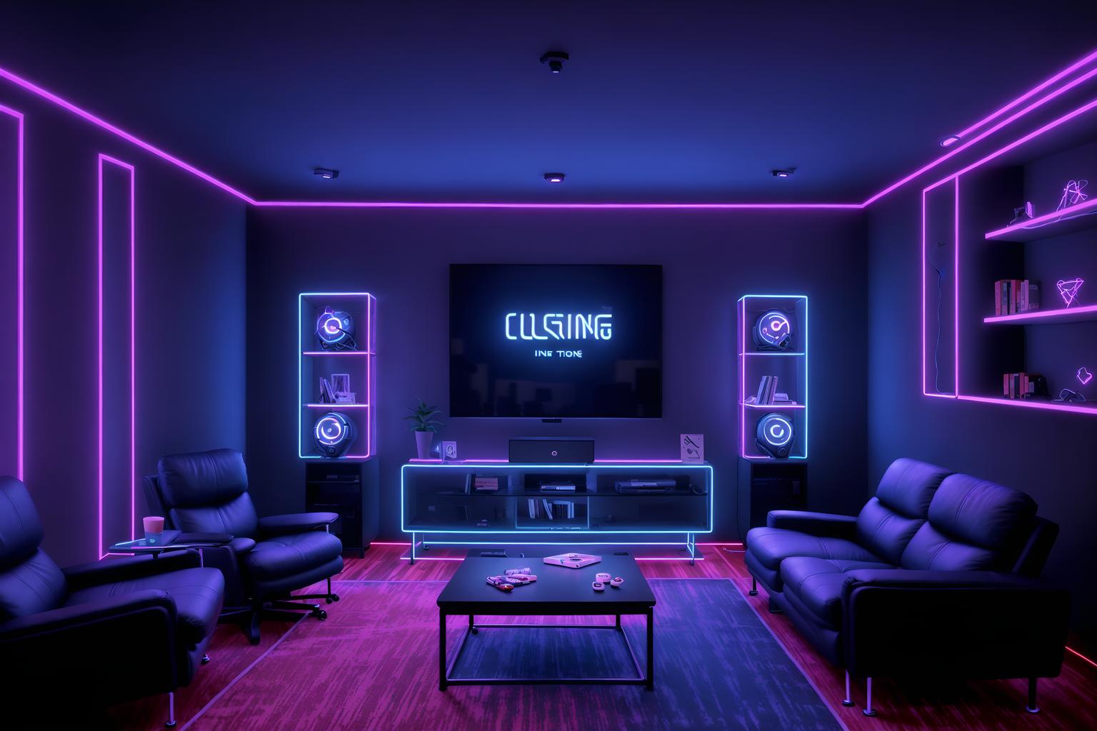 gaming room-style (living room interior) with occasional tables and plant and chairs and furniture and bookshelves and electric lamps and coffee tables and televisions. . with at night and speakers and neon lights and gaming chair and dark walls and purple, red and blue fade light and dark room and neon letters on wall. . cinematic photo, highly detailed, cinematic lighting, ultra-detailed, ultrarealistic, photorealism, 8k. gaming room interior design style. masterpiece, cinematic light, ultrarealistic+, photorealistic+, 8k, raw photo, realistic, sharp focus on eyes, (symmetrical eyes), (intact eyes), hyperrealistic, highest quality, best quality, , highly detailed, masterpiece, best quality, extremely detailed 8k wallpaper, masterpiece, best quality, ultra-detailed, best shadow, detailed background, detailed face, detailed eyes, high contrast, best illumination, detailed face, dulux, caustic, dynamic angle, detailed glow. dramatic lighting. highly detailed, insanely detailed hair, symmetrical, intricate details, professionally retouched, 8k high definition. strong bokeh. award winning photo.