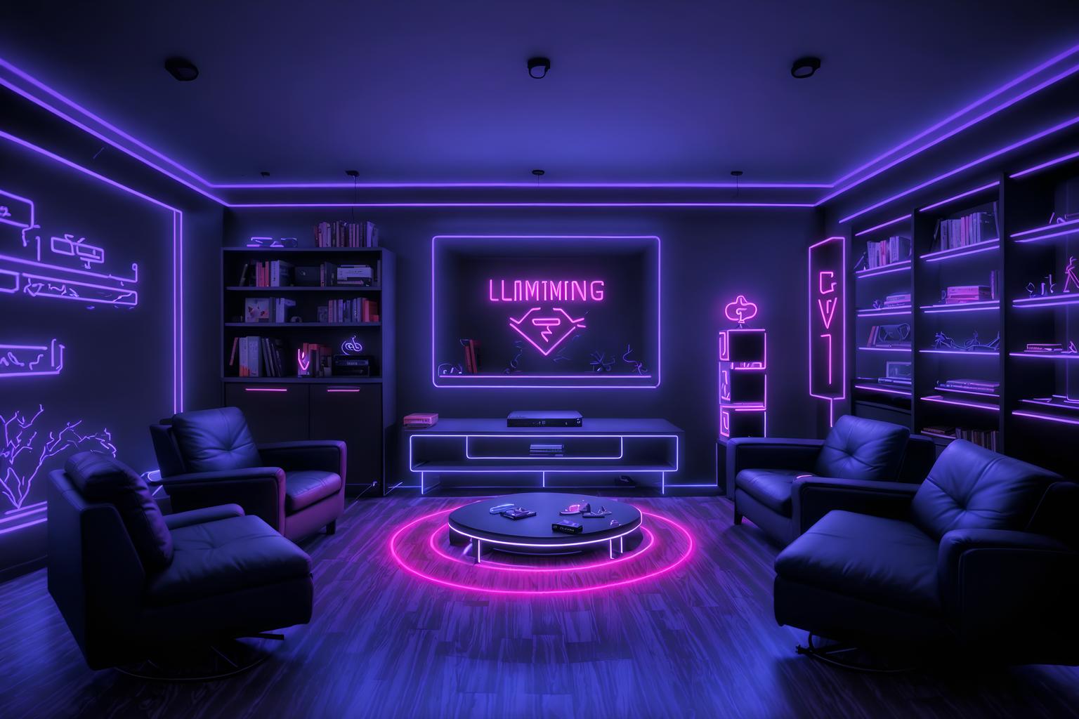 gaming room-style (living room interior) with occasional tables and plant and chairs and furniture and bookshelves and electric lamps and coffee tables and televisions. . with at night and speakers and neon lights and gaming chair and dark walls and purple, red and blue fade light and dark room and neon letters on wall. . cinematic photo, highly detailed, cinematic lighting, ultra-detailed, ultrarealistic, photorealism, 8k. gaming room interior design style. masterpiece, cinematic light, ultrarealistic+, photorealistic+, 8k, raw photo, realistic, sharp focus on eyes, (symmetrical eyes), (intact eyes), hyperrealistic, highest quality, best quality, , highly detailed, masterpiece, best quality, extremely detailed 8k wallpaper, masterpiece, best quality, ultra-detailed, best shadow, detailed background, detailed face, detailed eyes, high contrast, best illumination, detailed face, dulux, caustic, dynamic angle, detailed glow. dramatic lighting. highly detailed, insanely detailed hair, symmetrical, intricate details, professionally retouched, 8k high definition. strong bokeh. award winning photo.