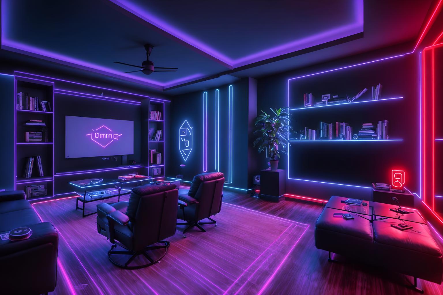 gaming room-style (living room interior) with occasional tables and plant and chairs and furniture and bookshelves and electric lamps and coffee tables and televisions. . with at night and speakers and neon lights and gaming chair and dark walls and purple, red and blue fade light and dark room and neon letters on wall. . cinematic photo, highly detailed, cinematic lighting, ultra-detailed, ultrarealistic, photorealism, 8k. gaming room interior design style. masterpiece, cinematic light, ultrarealistic+, photorealistic+, 8k, raw photo, realistic, sharp focus on eyes, (symmetrical eyes), (intact eyes), hyperrealistic, highest quality, best quality, , highly detailed, masterpiece, best quality, extremely detailed 8k wallpaper, masterpiece, best quality, ultra-detailed, best shadow, detailed background, detailed face, detailed eyes, high contrast, best illumination, detailed face, dulux, caustic, dynamic angle, detailed glow. dramatic lighting. highly detailed, insanely detailed hair, symmetrical, intricate details, professionally retouched, 8k high definition. strong bokeh. award winning photo.