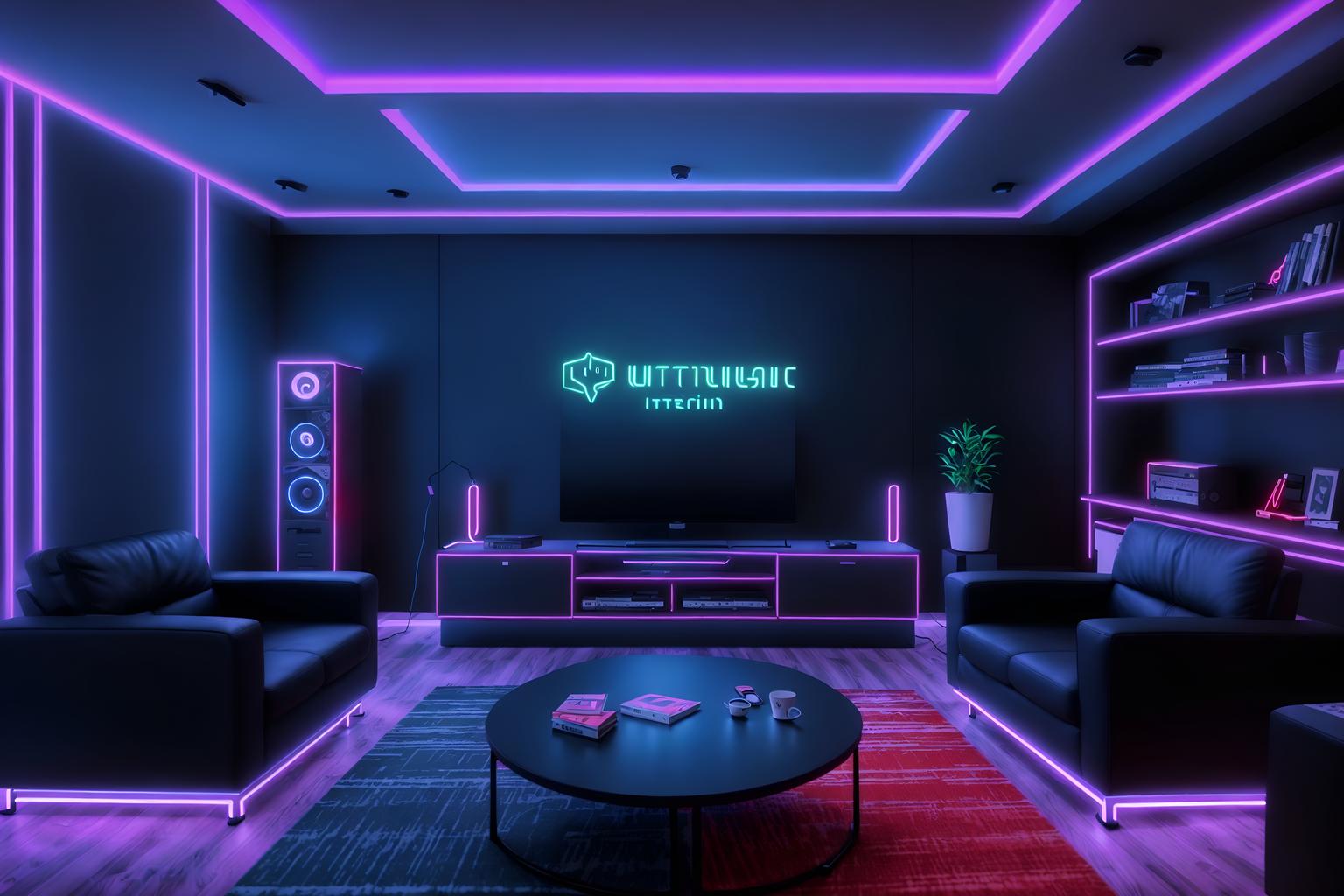 gaming room-style (living room interior) with occasional tables and plant and chairs and furniture and bookshelves and electric lamps and coffee tables and televisions. . with at night and speakers and neon lights and gaming chair and dark walls and purple, red and blue fade light and dark room and neon letters on wall. . cinematic photo, highly detailed, cinematic lighting, ultra-detailed, ultrarealistic, photorealism, 8k. gaming room interior design style. masterpiece, cinematic light, ultrarealistic+, photorealistic+, 8k, raw photo, realistic, sharp focus on eyes, (symmetrical eyes), (intact eyes), hyperrealistic, highest quality, best quality, , highly detailed, masterpiece, best quality, extremely detailed 8k wallpaper, masterpiece, best quality, ultra-detailed, best shadow, detailed background, detailed face, detailed eyes, high contrast, best illumination, detailed face, dulux, caustic, dynamic angle, detailed glow. dramatic lighting. highly detailed, insanely detailed hair, symmetrical, intricate details, professionally retouched, 8k high definition. strong bokeh. award winning photo.