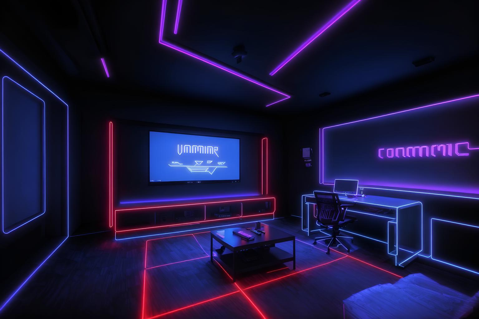 gaming room-style (exhibition space interior) . with computer desk with computer displays and keyboard and multiple displays and dark room and dark walls and purple, red and blue fade light and speakers and neon lights and neon letters on wall. . cinematic photo, highly detailed, cinematic lighting, ultra-detailed, ultrarealistic, photorealism, 8k. gaming room interior design style. masterpiece, cinematic light, ultrarealistic+, photorealistic+, 8k, raw photo, realistic, sharp focus on eyes, (symmetrical eyes), (intact eyes), hyperrealistic, highest quality, best quality, , highly detailed, masterpiece, best quality, extremely detailed 8k wallpaper, masterpiece, best quality, ultra-detailed, best shadow, detailed background, detailed face, detailed eyes, high contrast, best illumination, detailed face, dulux, caustic, dynamic angle, detailed glow. dramatic lighting. highly detailed, insanely detailed hair, symmetrical, intricate details, professionally retouched, 8k high definition. strong bokeh. award winning photo.