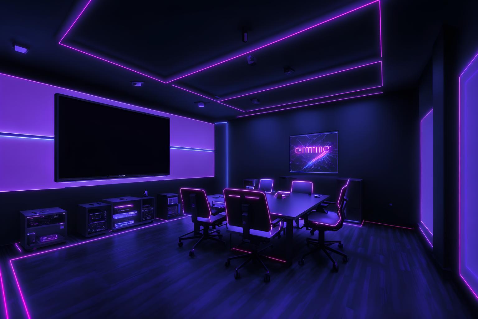 gaming room-style (exhibition space interior) . with computer desk with computer displays and keyboard and multiple displays and dark room and dark walls and purple, red and blue fade light and speakers and neon lights and neon letters on wall. . cinematic photo, highly detailed, cinematic lighting, ultra-detailed, ultrarealistic, photorealism, 8k. gaming room interior design style. masterpiece, cinematic light, ultrarealistic+, photorealistic+, 8k, raw photo, realistic, sharp focus on eyes, (symmetrical eyes), (intact eyes), hyperrealistic, highest quality, best quality, , highly detailed, masterpiece, best quality, extremely detailed 8k wallpaper, masterpiece, best quality, ultra-detailed, best shadow, detailed background, detailed face, detailed eyes, high contrast, best illumination, detailed face, dulux, caustic, dynamic angle, detailed glow. dramatic lighting. highly detailed, insanely detailed hair, symmetrical, intricate details, professionally retouched, 8k high definition. strong bokeh. award winning photo.