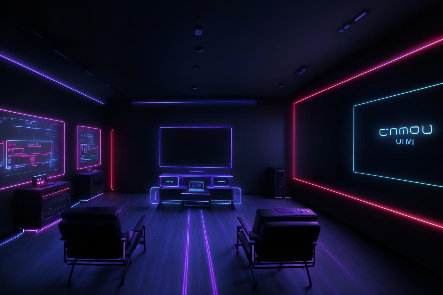 gaming room-style (exhibition space interior) . with computer desk with computer displays and keyboard and multiple displays and dark room and dark walls and purple, red and blue fade light and speakers and neon lights and neon letters on wall. . cinematic photo, highly detailed, cinematic lighting, ultra-detailed, ultrarealistic, photorealism, 8k. gaming room interior design style. masterpiece, cinematic light, ultrarealistic+, photorealistic+, 8k, raw photo, realistic, sharp focus on eyes, (symmetrical eyes), (intact eyes), hyperrealistic, highest quality, best quality, , highly detailed, masterpiece, best quality, extremely detailed 8k wallpaper, masterpiece, best quality, ultra-detailed, best shadow, detailed background, detailed face, detailed eyes, high contrast, best illumination, detailed face, dulux, caustic, dynamic angle, detailed glow. dramatic lighting. highly detailed, insanely detailed hair, symmetrical, intricate details, professionally retouched, 8k high definition. strong bokeh. award winning photo.