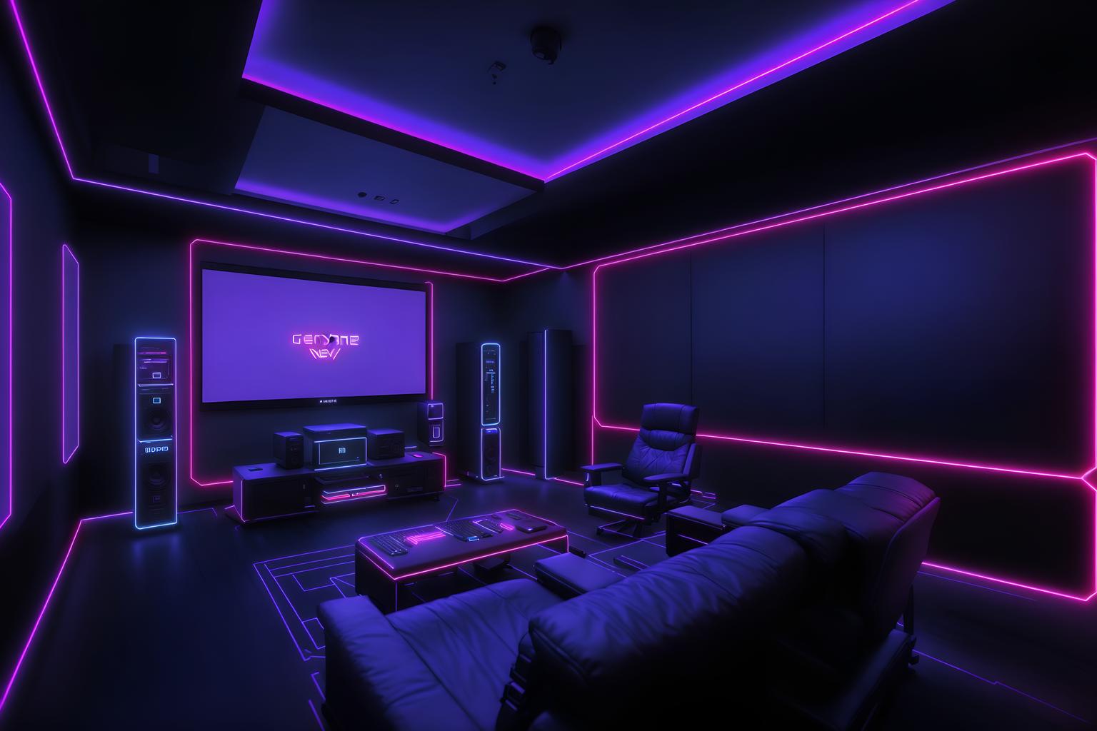 gaming room-style (exhibition space interior) . with computer desk with computer displays and keyboard and multiple displays and dark room and dark walls and purple, red and blue fade light and speakers and neon lights and neon letters on wall. . cinematic photo, highly detailed, cinematic lighting, ultra-detailed, ultrarealistic, photorealism, 8k. gaming room interior design style. masterpiece, cinematic light, ultrarealistic+, photorealistic+, 8k, raw photo, realistic, sharp focus on eyes, (symmetrical eyes), (intact eyes), hyperrealistic, highest quality, best quality, , highly detailed, masterpiece, best quality, extremely detailed 8k wallpaper, masterpiece, best quality, ultra-detailed, best shadow, detailed background, detailed face, detailed eyes, high contrast, best illumination, detailed face, dulux, caustic, dynamic angle, detailed glow. dramatic lighting. highly detailed, insanely detailed hair, symmetrical, intricate details, professionally retouched, 8k high definition. strong bokeh. award winning photo.