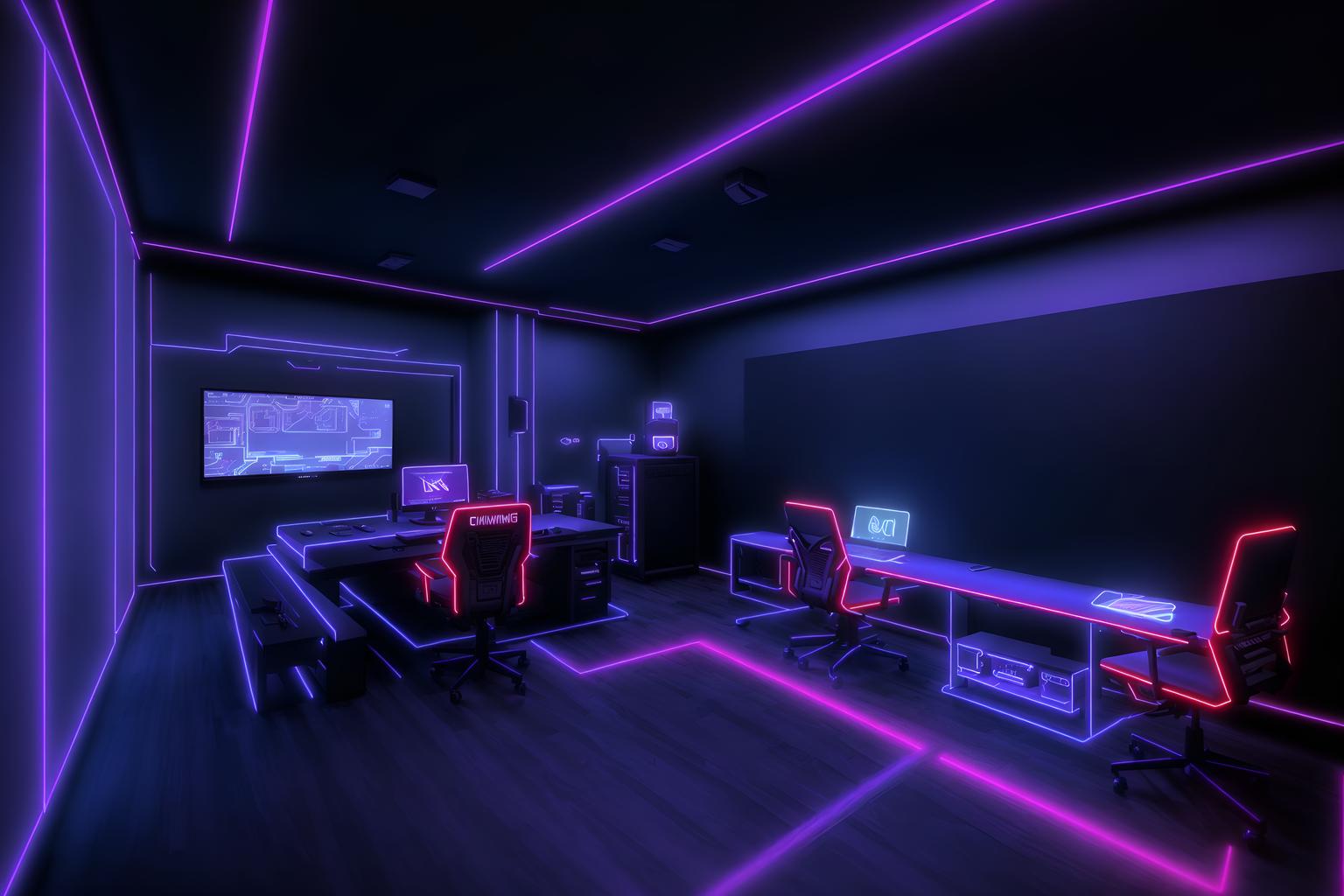gaming room-style (exhibition space interior) . with computer desk with computer displays and keyboard and multiple displays and dark room and dark walls and purple, red and blue fade light and speakers and neon lights and neon letters on wall. . cinematic photo, highly detailed, cinematic lighting, ultra-detailed, ultrarealistic, photorealism, 8k. gaming room interior design style. masterpiece, cinematic light, ultrarealistic+, photorealistic+, 8k, raw photo, realistic, sharp focus on eyes, (symmetrical eyes), (intact eyes), hyperrealistic, highest quality, best quality, , highly detailed, masterpiece, best quality, extremely detailed 8k wallpaper, masterpiece, best quality, ultra-detailed, best shadow, detailed background, detailed face, detailed eyes, high contrast, best illumination, detailed face, dulux, caustic, dynamic angle, detailed glow. dramatic lighting. highly detailed, insanely detailed hair, symmetrical, intricate details, professionally retouched, 8k high definition. strong bokeh. award winning photo.