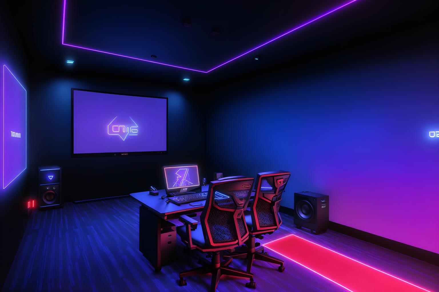 gaming room-style (exhibition space interior) . with computer desk with computer displays and keyboard and multiple displays and dark room and dark walls and purple, red and blue fade light and speakers and neon lights and neon letters on wall. . cinematic photo, highly detailed, cinematic lighting, ultra-detailed, ultrarealistic, photorealism, 8k. gaming room interior design style. masterpiece, cinematic light, ultrarealistic+, photorealistic+, 8k, raw photo, realistic, sharp focus on eyes, (symmetrical eyes), (intact eyes), hyperrealistic, highest quality, best quality, , highly detailed, masterpiece, best quality, extremely detailed 8k wallpaper, masterpiece, best quality, ultra-detailed, best shadow, detailed background, detailed face, detailed eyes, high contrast, best illumination, detailed face, dulux, caustic, dynamic angle, detailed glow. dramatic lighting. highly detailed, insanely detailed hair, symmetrical, intricate details, professionally retouched, 8k high definition. strong bokeh. award winning photo.