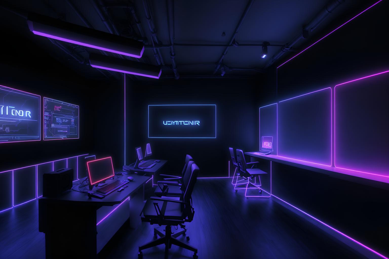 gaming room-style (exhibition space interior) . with computer desk with computer displays and keyboard and multiple displays and dark room and dark walls and purple, red and blue fade light and speakers and neon lights and neon letters on wall. . cinematic photo, highly detailed, cinematic lighting, ultra-detailed, ultrarealistic, photorealism, 8k. gaming room interior design style. masterpiece, cinematic light, ultrarealistic+, photorealistic+, 8k, raw photo, realistic, sharp focus on eyes, (symmetrical eyes), (intact eyes), hyperrealistic, highest quality, best quality, , highly detailed, masterpiece, best quality, extremely detailed 8k wallpaper, masterpiece, best quality, ultra-detailed, best shadow, detailed background, detailed face, detailed eyes, high contrast, best illumination, detailed face, dulux, caustic, dynamic angle, detailed glow. dramatic lighting. highly detailed, insanely detailed hair, symmetrical, intricate details, professionally retouched, 8k high definition. strong bokeh. award winning photo.