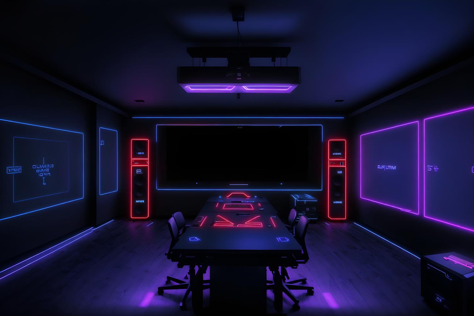 gaming room-style (exhibition space interior) . with computer desk with computer displays and keyboard and multiple displays and dark room and dark walls and purple, red and blue fade light and speakers and neon lights and neon letters on wall. . cinematic photo, highly detailed, cinematic lighting, ultra-detailed, ultrarealistic, photorealism, 8k. gaming room interior design style. masterpiece, cinematic light, ultrarealistic+, photorealistic+, 8k, raw photo, realistic, sharp focus on eyes, (symmetrical eyes), (intact eyes), hyperrealistic, highest quality, best quality, , highly detailed, masterpiece, best quality, extremely detailed 8k wallpaper, masterpiece, best quality, ultra-detailed, best shadow, detailed background, detailed face, detailed eyes, high contrast, best illumination, detailed face, dulux, caustic, dynamic angle, detailed glow. dramatic lighting. highly detailed, insanely detailed hair, symmetrical, intricate details, professionally retouched, 8k high definition. strong bokeh. award winning photo.