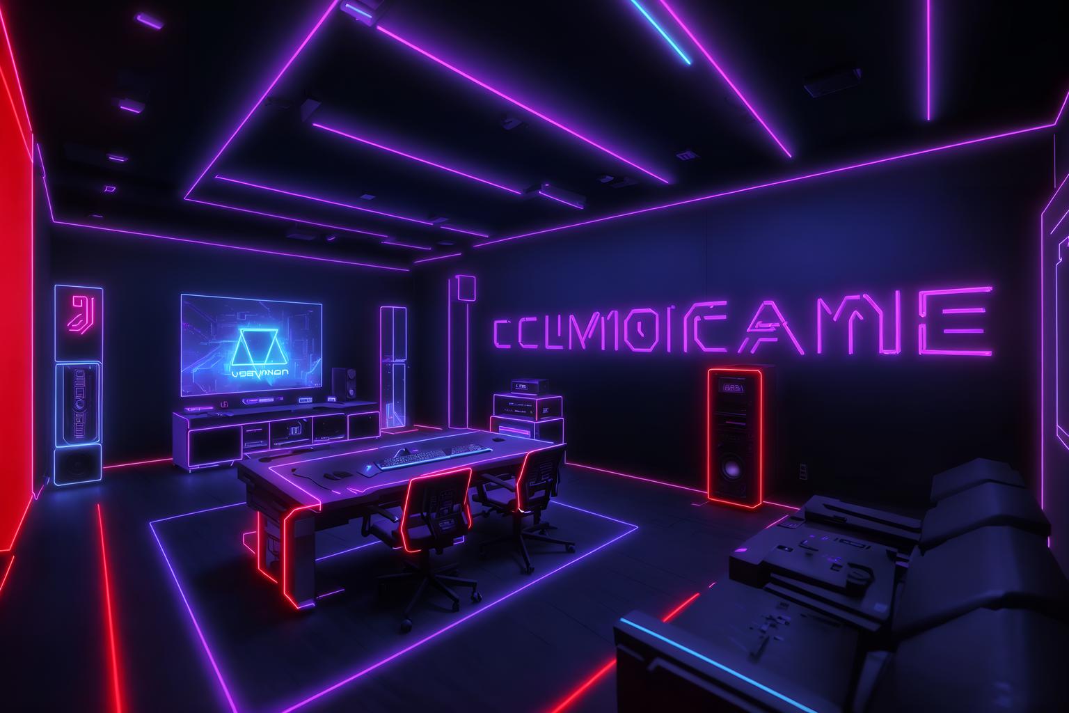 gaming room-style (exhibition space interior) . with computer desk with computer displays and keyboard and multiple displays and dark room and dark walls and purple, red and blue fade light and speakers and neon lights and neon letters on wall. . cinematic photo, highly detailed, cinematic lighting, ultra-detailed, ultrarealistic, photorealism, 8k. gaming room interior design style. masterpiece, cinematic light, ultrarealistic+, photorealistic+, 8k, raw photo, realistic, sharp focus on eyes, (symmetrical eyes), (intact eyes), hyperrealistic, highest quality, best quality, , highly detailed, masterpiece, best quality, extremely detailed 8k wallpaper, masterpiece, best quality, ultra-detailed, best shadow, detailed background, detailed face, detailed eyes, high contrast, best illumination, detailed face, dulux, caustic, dynamic angle, detailed glow. dramatic lighting. highly detailed, insanely detailed hair, symmetrical, intricate details, professionally retouched, 8k high definition. strong bokeh. award winning photo.