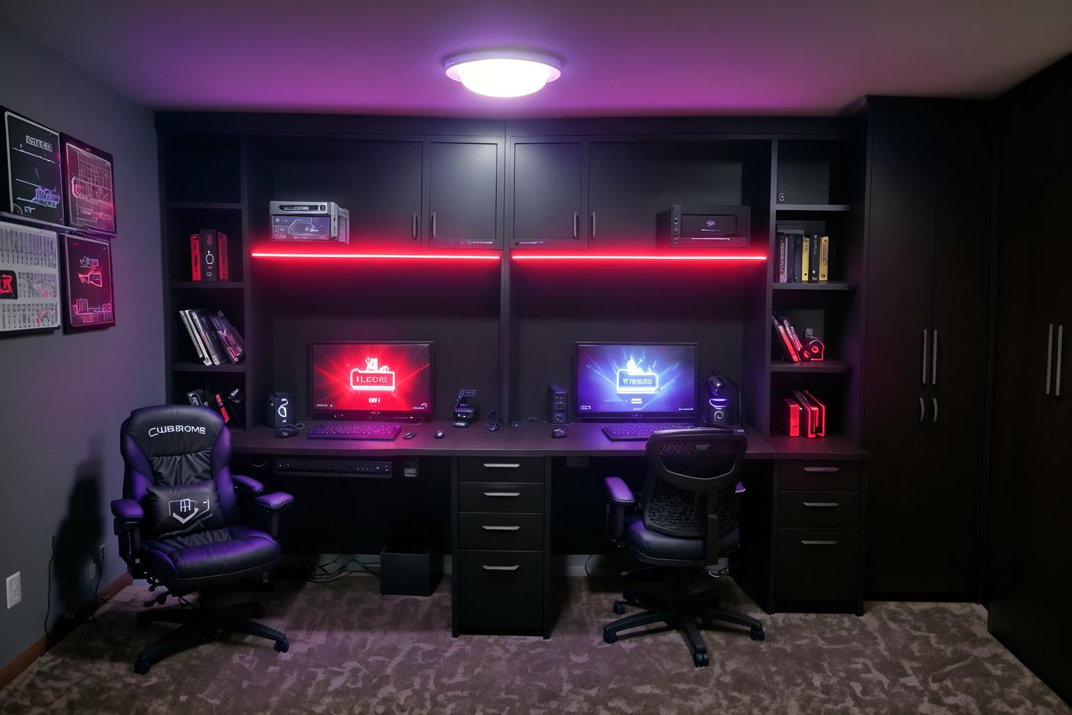 gaming room-style (drop zone interior) with wall hooks for coats and high up storage and shelves for shoes and storage baskets and cabinets and storage drawers and lockers and cubbies. . with dark room and gaming chair and purple and red lights and dark walls and multiple displays and computer desk with computer displays and keyboard and neon letters on wall and speakers. . cinematic photo, highly detailed, cinematic lighting, ultra-detailed, ultrarealistic, photorealism, 8k. gaming room interior design style. masterpiece, cinematic light, ultrarealistic+, photorealistic+, 8k, raw photo, realistic, sharp focus on eyes, (symmetrical eyes), (intact eyes), hyperrealistic, highest quality, best quality, , highly detailed, masterpiece, best quality, extremely detailed 8k wallpaper, masterpiece, best quality, ultra-detailed, best shadow, detailed background, detailed face, detailed eyes, high contrast, best illumination, detailed face, dulux, caustic, dynamic angle, detailed glow. dramatic lighting. highly detailed, insanely detailed hair, symmetrical, intricate details, professionally retouched, 8k high definition. strong bokeh. award winning photo.