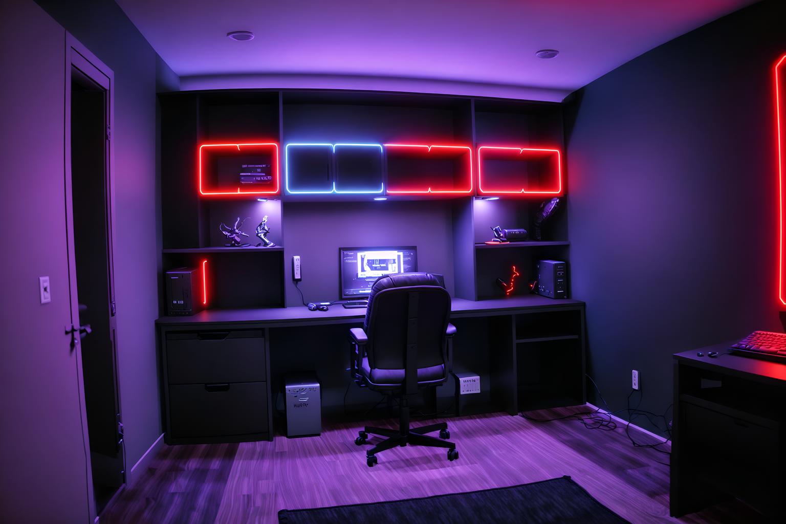 gaming room-style (drop zone interior) with wall hooks for coats and high up storage and shelves for shoes and storage baskets and cabinets and storage drawers and lockers and cubbies. . with dark room and gaming chair and purple and red lights and dark walls and multiple displays and computer desk with computer displays and keyboard and neon letters on wall and speakers. . cinematic photo, highly detailed, cinematic lighting, ultra-detailed, ultrarealistic, photorealism, 8k. gaming room interior design style. masterpiece, cinematic light, ultrarealistic+, photorealistic+, 8k, raw photo, realistic, sharp focus on eyes, (symmetrical eyes), (intact eyes), hyperrealistic, highest quality, best quality, , highly detailed, masterpiece, best quality, extremely detailed 8k wallpaper, masterpiece, best quality, ultra-detailed, best shadow, detailed background, detailed face, detailed eyes, high contrast, best illumination, detailed face, dulux, caustic, dynamic angle, detailed glow. dramatic lighting. highly detailed, insanely detailed hair, symmetrical, intricate details, professionally retouched, 8k high definition. strong bokeh. award winning photo.