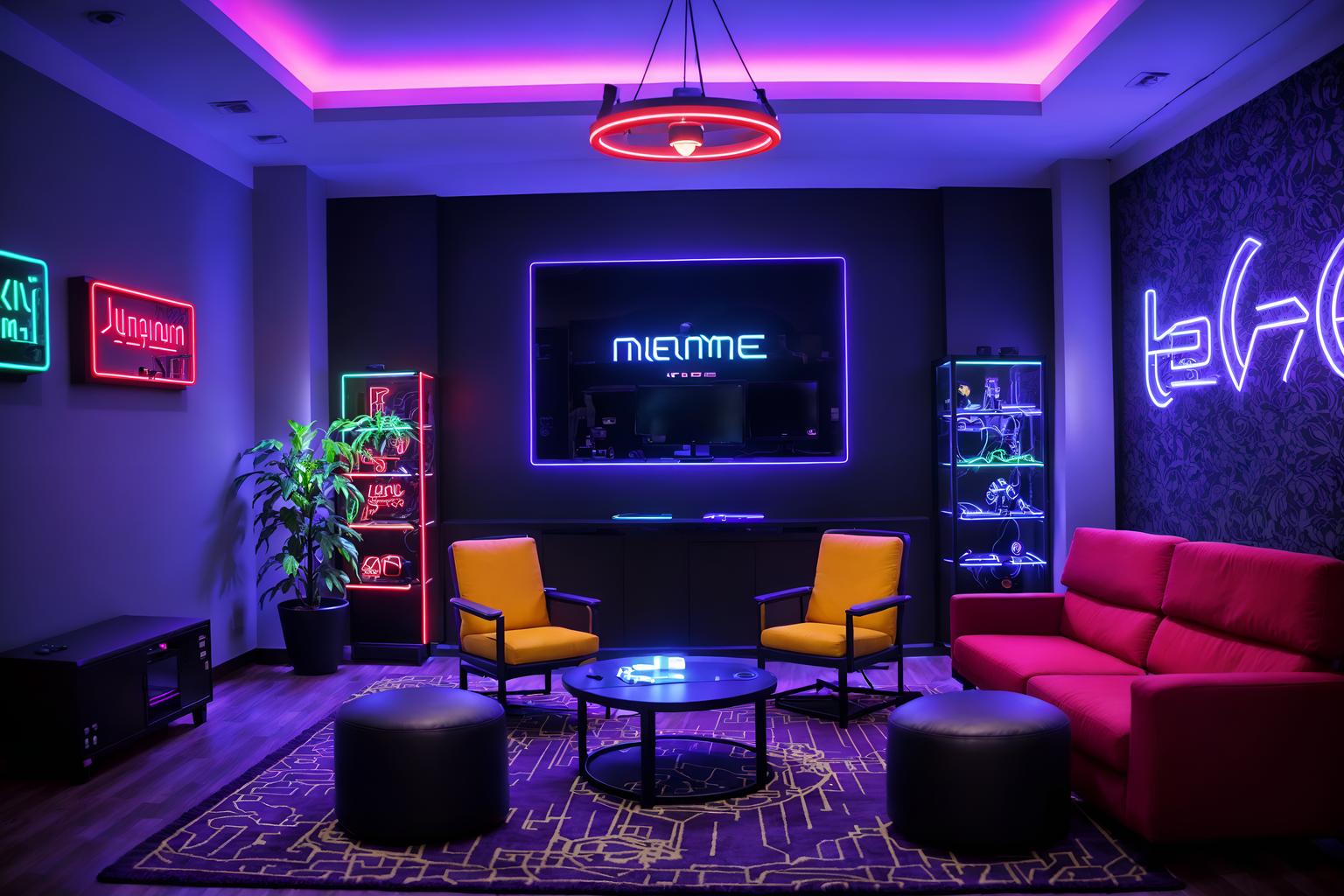 gaming room-style (hotel lobby interior) with rug and furniture and hanging lamps and sofas and plant and check in desk and coffee tables and lounge chairs. . with dark walls and multiple displays and neon letters on wall and computer desk with computer displays and keyboard and gaming chair and purple, red and blue fade light and purple and red lights and speakers. . cinematic photo, highly detailed, cinematic lighting, ultra-detailed, ultrarealistic, photorealism, 8k. gaming room interior design style. masterpiece, cinematic light, ultrarealistic+, photorealistic+, 8k, raw photo, realistic, sharp focus on eyes, (symmetrical eyes), (intact eyes), hyperrealistic, highest quality, best quality, , highly detailed, masterpiece, best quality, extremely detailed 8k wallpaper, masterpiece, best quality, ultra-detailed, best shadow, detailed background, detailed face, detailed eyes, high contrast, best illumination, detailed face, dulux, caustic, dynamic angle, detailed glow. dramatic lighting. highly detailed, insanely detailed hair, symmetrical, intricate details, professionally retouched, 8k high definition. strong bokeh. award winning photo.