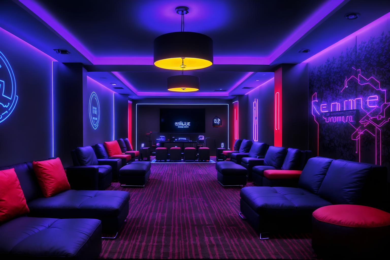 gaming room-style (hotel lobby interior) with rug and furniture and hanging lamps and sofas and plant and check in desk and coffee tables and lounge chairs. . with dark walls and multiple displays and neon letters on wall and computer desk with computer displays and keyboard and gaming chair and purple, red and blue fade light and purple and red lights and speakers. . cinematic photo, highly detailed, cinematic lighting, ultra-detailed, ultrarealistic, photorealism, 8k. gaming room interior design style. masterpiece, cinematic light, ultrarealistic+, photorealistic+, 8k, raw photo, realistic, sharp focus on eyes, (symmetrical eyes), (intact eyes), hyperrealistic, highest quality, best quality, , highly detailed, masterpiece, best quality, extremely detailed 8k wallpaper, masterpiece, best quality, ultra-detailed, best shadow, detailed background, detailed face, detailed eyes, high contrast, best illumination, detailed face, dulux, caustic, dynamic angle, detailed glow. dramatic lighting. highly detailed, insanely detailed hair, symmetrical, intricate details, professionally retouched, 8k high definition. strong bokeh. award winning photo.