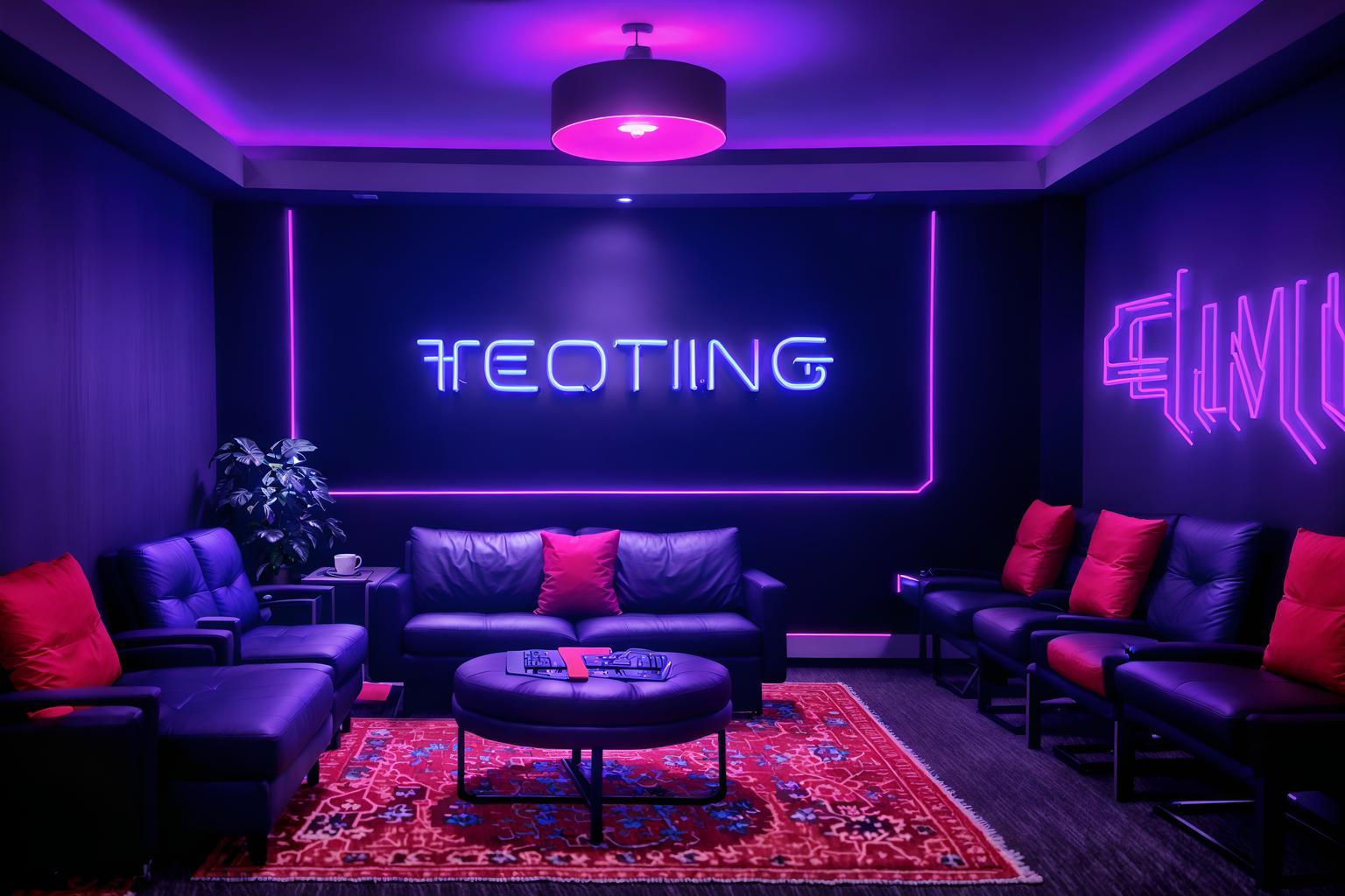 gaming room-style (hotel lobby interior) with rug and furniture and hanging lamps and sofas and plant and check in desk and coffee tables and lounge chairs. . with dark walls and multiple displays and neon letters on wall and computer desk with computer displays and keyboard and gaming chair and purple, red and blue fade light and purple and red lights and speakers. . cinematic photo, highly detailed, cinematic lighting, ultra-detailed, ultrarealistic, photorealism, 8k. gaming room interior design style. masterpiece, cinematic light, ultrarealistic+, photorealistic+, 8k, raw photo, realistic, sharp focus on eyes, (symmetrical eyes), (intact eyes), hyperrealistic, highest quality, best quality, , highly detailed, masterpiece, best quality, extremely detailed 8k wallpaper, masterpiece, best quality, ultra-detailed, best shadow, detailed background, detailed face, detailed eyes, high contrast, best illumination, detailed face, dulux, caustic, dynamic angle, detailed glow. dramatic lighting. highly detailed, insanely detailed hair, symmetrical, intricate details, professionally retouched, 8k high definition. strong bokeh. award winning photo.