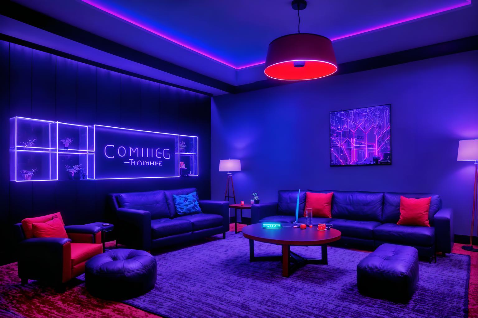 gaming room-style (hotel lobby interior) with rug and furniture and hanging lamps and sofas and plant and check in desk and coffee tables and lounge chairs. . with dark walls and multiple displays and neon letters on wall and computer desk with computer displays and keyboard and gaming chair and purple, red and blue fade light and purple and red lights and speakers. . cinematic photo, highly detailed, cinematic lighting, ultra-detailed, ultrarealistic, photorealism, 8k. gaming room interior design style. masterpiece, cinematic light, ultrarealistic+, photorealistic+, 8k, raw photo, realistic, sharp focus on eyes, (symmetrical eyes), (intact eyes), hyperrealistic, highest quality, best quality, , highly detailed, masterpiece, best quality, extremely detailed 8k wallpaper, masterpiece, best quality, ultra-detailed, best shadow, detailed background, detailed face, detailed eyes, high contrast, best illumination, detailed face, dulux, caustic, dynamic angle, detailed glow. dramatic lighting. highly detailed, insanely detailed hair, symmetrical, intricate details, professionally retouched, 8k high definition. strong bokeh. award winning photo.