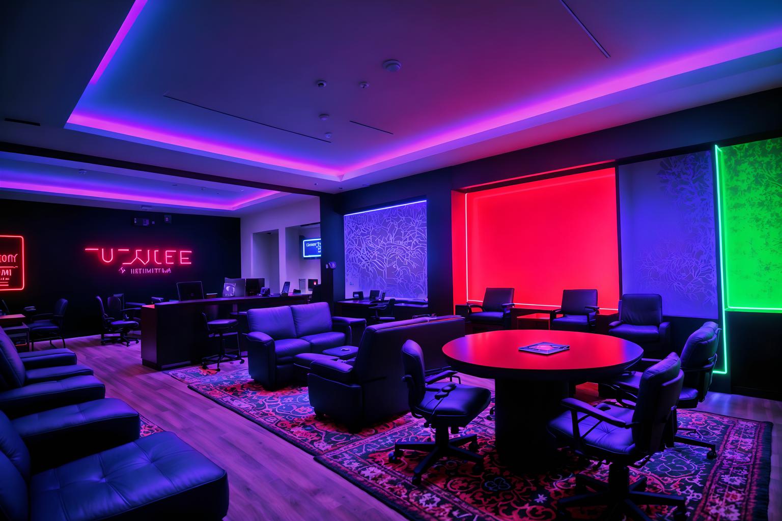 gaming room-style (hotel lobby interior) with rug and furniture and hanging lamps and sofas and plant and check in desk and coffee tables and lounge chairs. . with dark walls and multiple displays and neon letters on wall and computer desk with computer displays and keyboard and gaming chair and purple, red and blue fade light and purple and red lights and speakers. . cinematic photo, highly detailed, cinematic lighting, ultra-detailed, ultrarealistic, photorealism, 8k. gaming room interior design style. masterpiece, cinematic light, ultrarealistic+, photorealistic+, 8k, raw photo, realistic, sharp focus on eyes, (symmetrical eyes), (intact eyes), hyperrealistic, highest quality, best quality, , highly detailed, masterpiece, best quality, extremely detailed 8k wallpaper, masterpiece, best quality, ultra-detailed, best shadow, detailed background, detailed face, detailed eyes, high contrast, best illumination, detailed face, dulux, caustic, dynamic angle, detailed glow. dramatic lighting. highly detailed, insanely detailed hair, symmetrical, intricate details, professionally retouched, 8k high definition. strong bokeh. award winning photo.