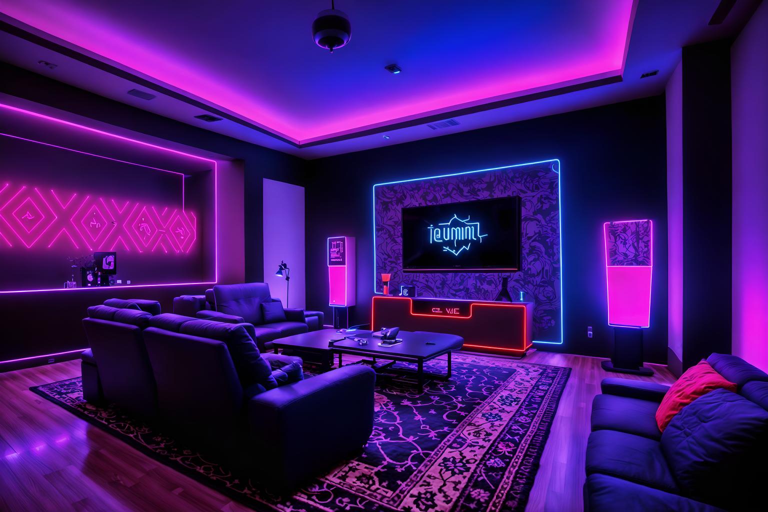 gaming room-style (hotel lobby interior) with rug and furniture and hanging lamps and sofas and plant and check in desk and coffee tables and lounge chairs. . with dark walls and multiple displays and neon letters on wall and computer desk with computer displays and keyboard and gaming chair and purple, red and blue fade light and purple and red lights and speakers. . cinematic photo, highly detailed, cinematic lighting, ultra-detailed, ultrarealistic, photorealism, 8k. gaming room interior design style. masterpiece, cinematic light, ultrarealistic+, photorealistic+, 8k, raw photo, realistic, sharp focus on eyes, (symmetrical eyes), (intact eyes), hyperrealistic, highest quality, best quality, , highly detailed, masterpiece, best quality, extremely detailed 8k wallpaper, masterpiece, best quality, ultra-detailed, best shadow, detailed background, detailed face, detailed eyes, high contrast, best illumination, detailed face, dulux, caustic, dynamic angle, detailed glow. dramatic lighting. highly detailed, insanely detailed hair, symmetrical, intricate details, professionally retouched, 8k high definition. strong bokeh. award winning photo.