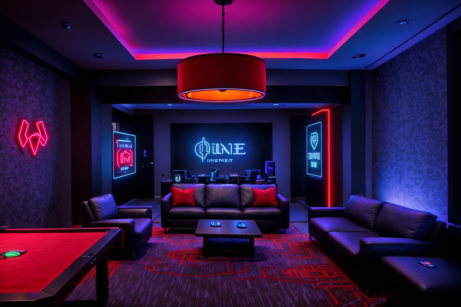 gaming room-style (hotel lobby interior) with rug and furniture and hanging lamps and sofas and plant and check in desk and coffee tables and lounge chairs. . with dark walls and multiple displays and neon letters on wall and computer desk with computer displays and keyboard and gaming chair and purple, red and blue fade light and purple and red lights and speakers. . cinematic photo, highly detailed, cinematic lighting, ultra-detailed, ultrarealistic, photorealism, 8k. gaming room interior design style. masterpiece, cinematic light, ultrarealistic+, photorealistic+, 8k, raw photo, realistic, sharp focus on eyes, (symmetrical eyes), (intact eyes), hyperrealistic, highest quality, best quality, , highly detailed, masterpiece, best quality, extremely detailed 8k wallpaper, masterpiece, best quality, ultra-detailed, best shadow, detailed background, detailed face, detailed eyes, high contrast, best illumination, detailed face, dulux, caustic, dynamic angle, detailed glow. dramatic lighting. highly detailed, insanely detailed hair, symmetrical, intricate details, professionally retouched, 8k high definition. strong bokeh. award winning photo.