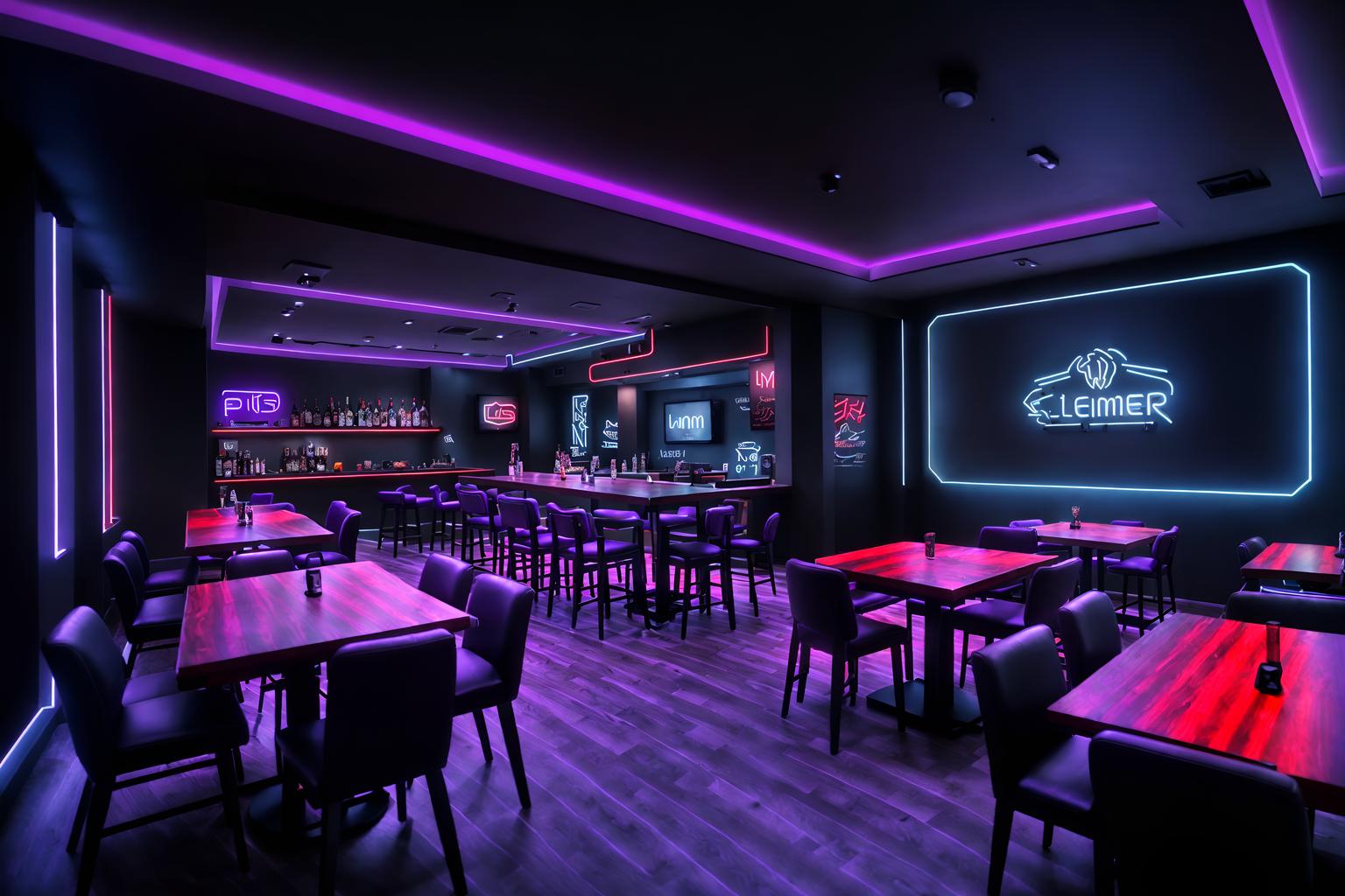 gaming room-style (restaurant interior) with restaurant bar and restaurant chairs and restaurant dining tables and restaurant decor and restaurant bar. . with dark room and neon lights and purple, red and blue fade light and at night and dark walls and speakers and gaming chair and computer desk with computer displays and keyboard. . cinematic photo, highly detailed, cinematic lighting, ultra-detailed, ultrarealistic, photorealism, 8k. gaming room interior design style. masterpiece, cinematic light, ultrarealistic+, photorealistic+, 8k, raw photo, realistic, sharp focus on eyes, (symmetrical eyes), (intact eyes), hyperrealistic, highest quality, best quality, , highly detailed, masterpiece, best quality, extremely detailed 8k wallpaper, masterpiece, best quality, ultra-detailed, best shadow, detailed background, detailed face, detailed eyes, high contrast, best illumination, detailed face, dulux, caustic, dynamic angle, detailed glow. dramatic lighting. highly detailed, insanely detailed hair, symmetrical, intricate details, professionally retouched, 8k high definition. strong bokeh. award winning photo.