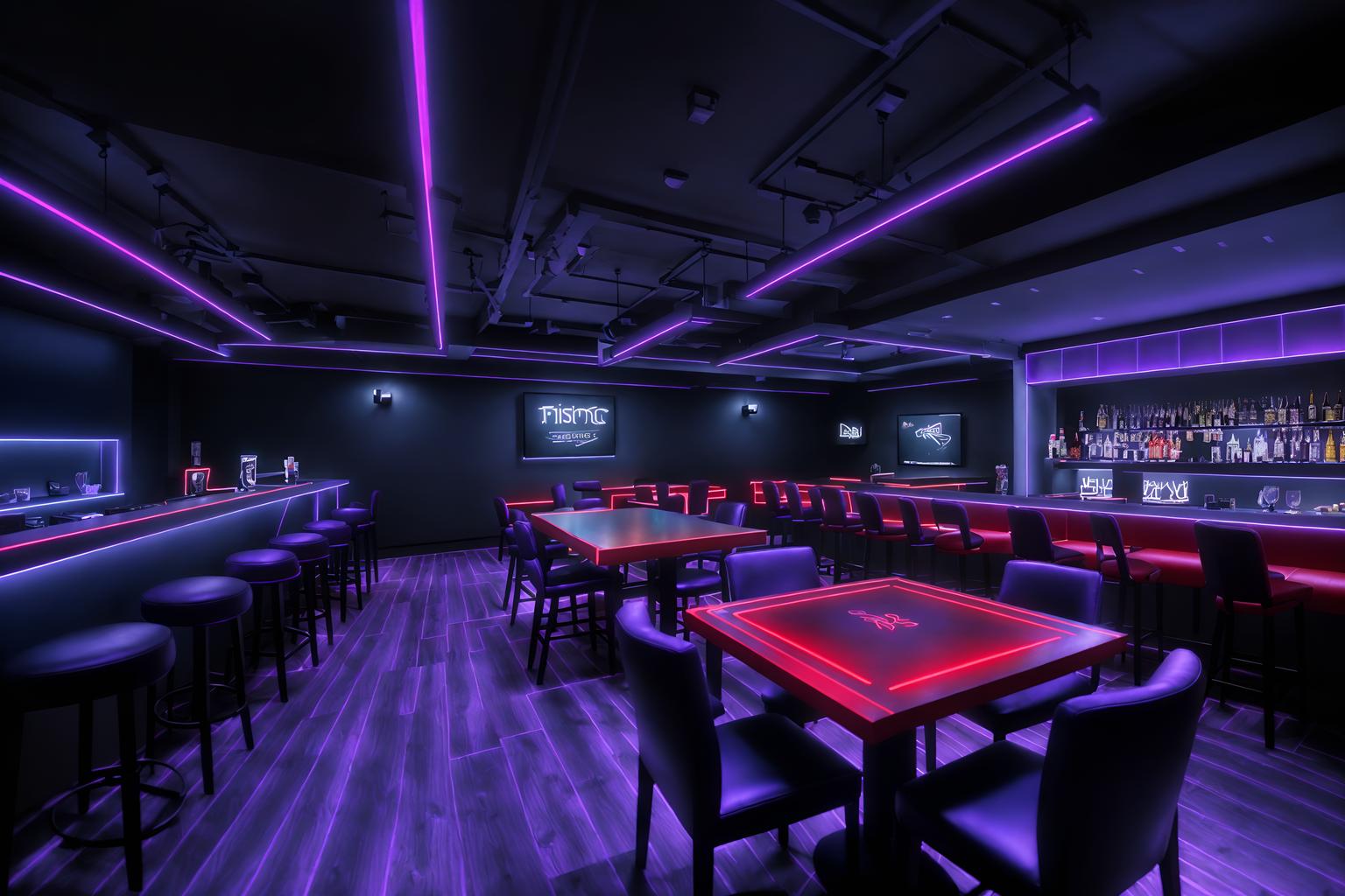 gaming room-style (restaurant interior) with restaurant bar and restaurant chairs and restaurant dining tables and restaurant decor and restaurant bar. . with dark room and neon lights and purple, red and blue fade light and at night and dark walls and speakers and gaming chair and computer desk with computer displays and keyboard. . cinematic photo, highly detailed, cinematic lighting, ultra-detailed, ultrarealistic, photorealism, 8k. gaming room interior design style. masterpiece, cinematic light, ultrarealistic+, photorealistic+, 8k, raw photo, realistic, sharp focus on eyes, (symmetrical eyes), (intact eyes), hyperrealistic, highest quality, best quality, , highly detailed, masterpiece, best quality, extremely detailed 8k wallpaper, masterpiece, best quality, ultra-detailed, best shadow, detailed background, detailed face, detailed eyes, high contrast, best illumination, detailed face, dulux, caustic, dynamic angle, detailed glow. dramatic lighting. highly detailed, insanely detailed hair, symmetrical, intricate details, professionally retouched, 8k high definition. strong bokeh. award winning photo.