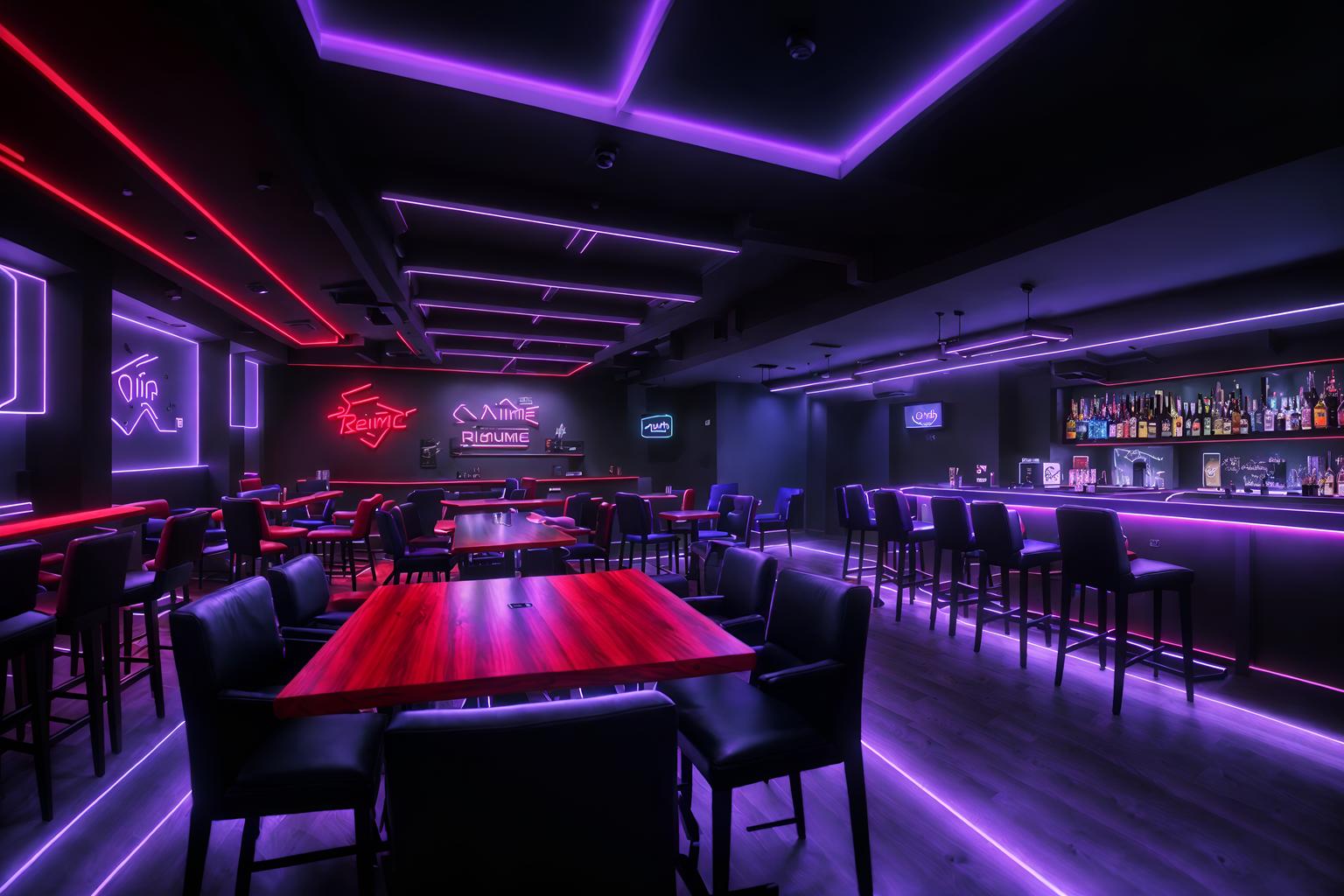 gaming room-style (restaurant interior) with restaurant bar and restaurant chairs and restaurant dining tables and restaurant decor and restaurant bar. . with dark room and neon lights and purple, red and blue fade light and at night and dark walls and speakers and gaming chair and computer desk with computer displays and keyboard. . cinematic photo, highly detailed, cinematic lighting, ultra-detailed, ultrarealistic, photorealism, 8k. gaming room interior design style. masterpiece, cinematic light, ultrarealistic+, photorealistic+, 8k, raw photo, realistic, sharp focus on eyes, (symmetrical eyes), (intact eyes), hyperrealistic, highest quality, best quality, , highly detailed, masterpiece, best quality, extremely detailed 8k wallpaper, masterpiece, best quality, ultra-detailed, best shadow, detailed background, detailed face, detailed eyes, high contrast, best illumination, detailed face, dulux, caustic, dynamic angle, detailed glow. dramatic lighting. highly detailed, insanely detailed hair, symmetrical, intricate details, professionally retouched, 8k high definition. strong bokeh. award winning photo.