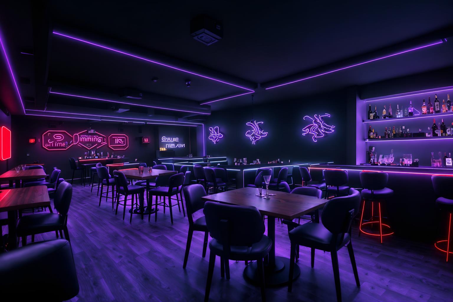 gaming room-style (restaurant interior) with restaurant bar and restaurant chairs and restaurant dining tables and restaurant decor and restaurant bar. . with dark room and neon lights and purple, red and blue fade light and at night and dark walls and speakers and gaming chair and computer desk with computer displays and keyboard. . cinematic photo, highly detailed, cinematic lighting, ultra-detailed, ultrarealistic, photorealism, 8k. gaming room interior design style. masterpiece, cinematic light, ultrarealistic+, photorealistic+, 8k, raw photo, realistic, sharp focus on eyes, (symmetrical eyes), (intact eyes), hyperrealistic, highest quality, best quality, , highly detailed, masterpiece, best quality, extremely detailed 8k wallpaper, masterpiece, best quality, ultra-detailed, best shadow, detailed background, detailed face, detailed eyes, high contrast, best illumination, detailed face, dulux, caustic, dynamic angle, detailed glow. dramatic lighting. highly detailed, insanely detailed hair, symmetrical, intricate details, professionally retouched, 8k high definition. strong bokeh. award winning photo.