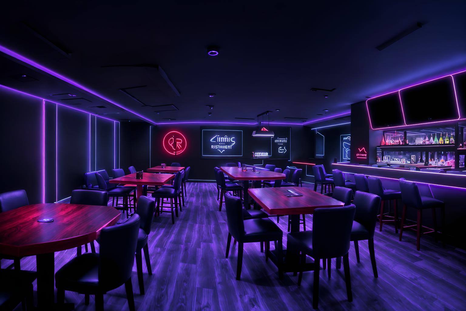 gaming room-style (restaurant interior) with restaurant bar and restaurant chairs and restaurant dining tables and restaurant decor and restaurant bar. . with dark room and neon lights and purple, red and blue fade light and at night and dark walls and speakers and gaming chair and computer desk with computer displays and keyboard. . cinematic photo, highly detailed, cinematic lighting, ultra-detailed, ultrarealistic, photorealism, 8k. gaming room interior design style. masterpiece, cinematic light, ultrarealistic+, photorealistic+, 8k, raw photo, realistic, sharp focus on eyes, (symmetrical eyes), (intact eyes), hyperrealistic, highest quality, best quality, , highly detailed, masterpiece, best quality, extremely detailed 8k wallpaper, masterpiece, best quality, ultra-detailed, best shadow, detailed background, detailed face, detailed eyes, high contrast, best illumination, detailed face, dulux, caustic, dynamic angle, detailed glow. dramatic lighting. highly detailed, insanely detailed hair, symmetrical, intricate details, professionally retouched, 8k high definition. strong bokeh. award winning photo.