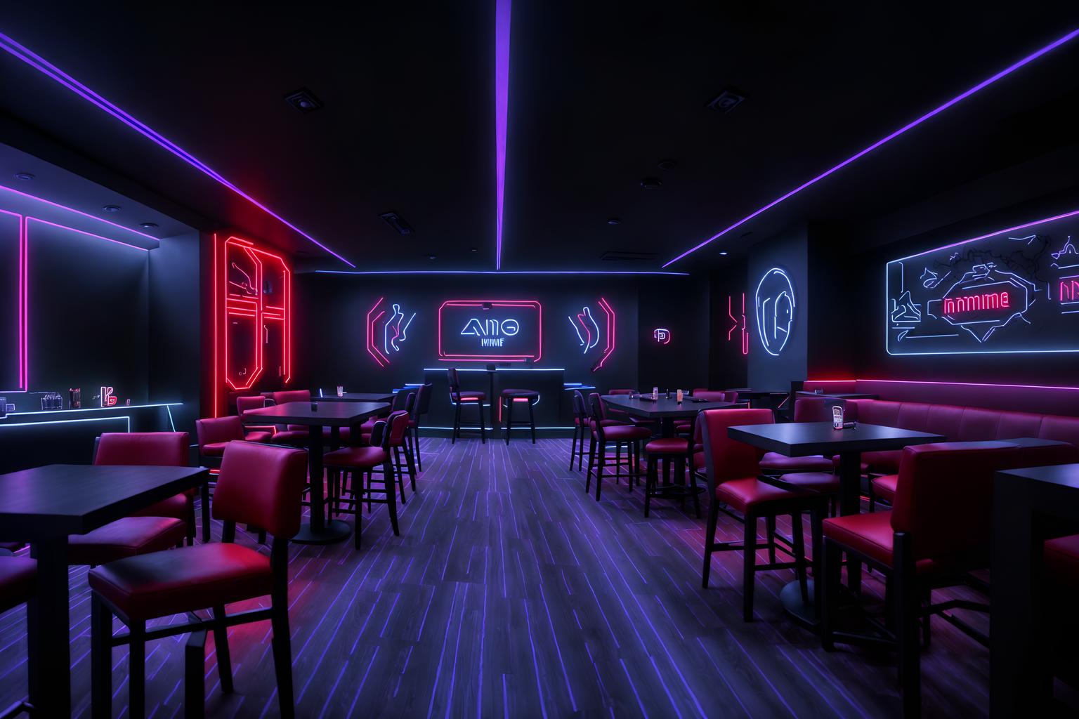 gaming room-style (restaurant interior) with restaurant bar and restaurant chairs and restaurant dining tables and restaurant decor and restaurant bar. . with dark room and neon lights and purple, red and blue fade light and at night and dark walls and speakers and gaming chair and computer desk with computer displays and keyboard. . cinematic photo, highly detailed, cinematic lighting, ultra-detailed, ultrarealistic, photorealism, 8k. gaming room interior design style. masterpiece, cinematic light, ultrarealistic+, photorealistic+, 8k, raw photo, realistic, sharp focus on eyes, (symmetrical eyes), (intact eyes), hyperrealistic, highest quality, best quality, , highly detailed, masterpiece, best quality, extremely detailed 8k wallpaper, masterpiece, best quality, ultra-detailed, best shadow, detailed background, detailed face, detailed eyes, high contrast, best illumination, detailed face, dulux, caustic, dynamic angle, detailed glow. dramatic lighting. highly detailed, insanely detailed hair, symmetrical, intricate details, professionally retouched, 8k high definition. strong bokeh. award winning photo.