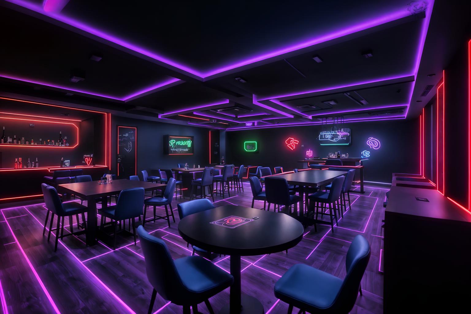 gaming room-style (restaurant interior) with restaurant bar and restaurant chairs and restaurant dining tables and restaurant decor and restaurant bar. . with dark room and neon lights and purple, red and blue fade light and at night and dark walls and speakers and gaming chair and computer desk with computer displays and keyboard. . cinematic photo, highly detailed, cinematic lighting, ultra-detailed, ultrarealistic, photorealism, 8k. gaming room interior design style. masterpiece, cinematic light, ultrarealistic+, photorealistic+, 8k, raw photo, realistic, sharp focus on eyes, (symmetrical eyes), (intact eyes), hyperrealistic, highest quality, best quality, , highly detailed, masterpiece, best quality, extremely detailed 8k wallpaper, masterpiece, best quality, ultra-detailed, best shadow, detailed background, detailed face, detailed eyes, high contrast, best illumination, detailed face, dulux, caustic, dynamic angle, detailed glow. dramatic lighting. highly detailed, insanely detailed hair, symmetrical, intricate details, professionally retouched, 8k high definition. strong bokeh. award winning photo.