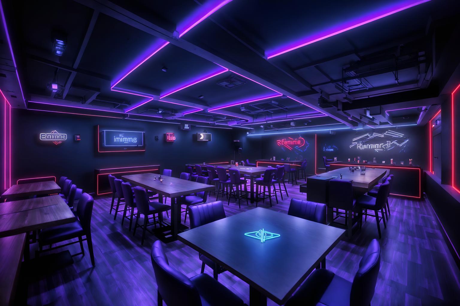 gaming room-style (restaurant interior) with restaurant bar and restaurant chairs and restaurant dining tables and restaurant decor and restaurant bar. . with dark room and neon lights and purple, red and blue fade light and at night and dark walls and speakers and gaming chair and computer desk with computer displays and keyboard. . cinematic photo, highly detailed, cinematic lighting, ultra-detailed, ultrarealistic, photorealism, 8k. gaming room interior design style. masterpiece, cinematic light, ultrarealistic+, photorealistic+, 8k, raw photo, realistic, sharp focus on eyes, (symmetrical eyes), (intact eyes), hyperrealistic, highest quality, best quality, , highly detailed, masterpiece, best quality, extremely detailed 8k wallpaper, masterpiece, best quality, ultra-detailed, best shadow, detailed background, detailed face, detailed eyes, high contrast, best illumination, detailed face, dulux, caustic, dynamic angle, detailed glow. dramatic lighting. highly detailed, insanely detailed hair, symmetrical, intricate details, professionally retouched, 8k high definition. strong bokeh. award winning photo.