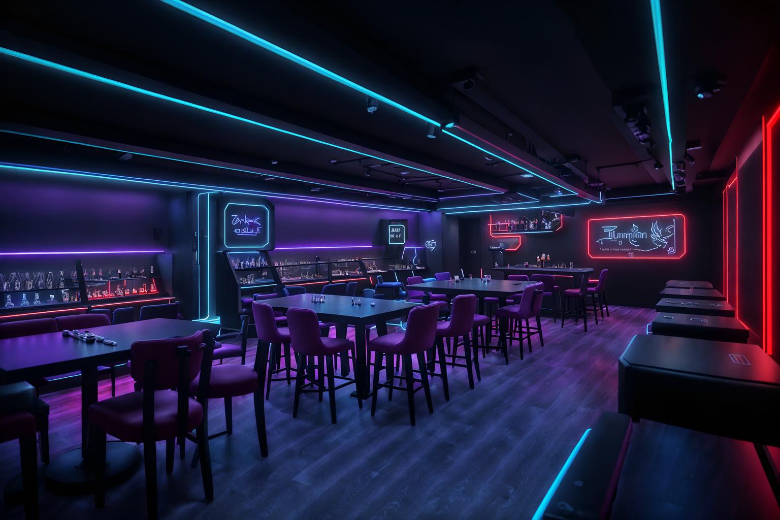 gaming room-style (restaurant interior) with restaurant bar and restaurant chairs and restaurant dining tables and restaurant decor and restaurant bar. . with dark room and neon lights and purple, red and blue fade light and at night and dark walls and speakers and gaming chair and computer desk with computer displays and keyboard. . cinematic photo, highly detailed, cinematic lighting, ultra-detailed, ultrarealistic, photorealism, 8k. gaming room interior design style. masterpiece, cinematic light, ultrarealistic+, photorealistic+, 8k, raw photo, realistic, sharp focus on eyes, (symmetrical eyes), (intact eyes), hyperrealistic, highest quality, best quality, , highly detailed, masterpiece, best quality, extremely detailed 8k wallpaper, masterpiece, best quality, ultra-detailed, best shadow, detailed background, detailed face, detailed eyes, high contrast, best illumination, detailed face, dulux, caustic, dynamic angle, detailed glow. dramatic lighting. highly detailed, insanely detailed hair, symmetrical, intricate details, professionally retouched, 8k high definition. strong bokeh. award winning photo.