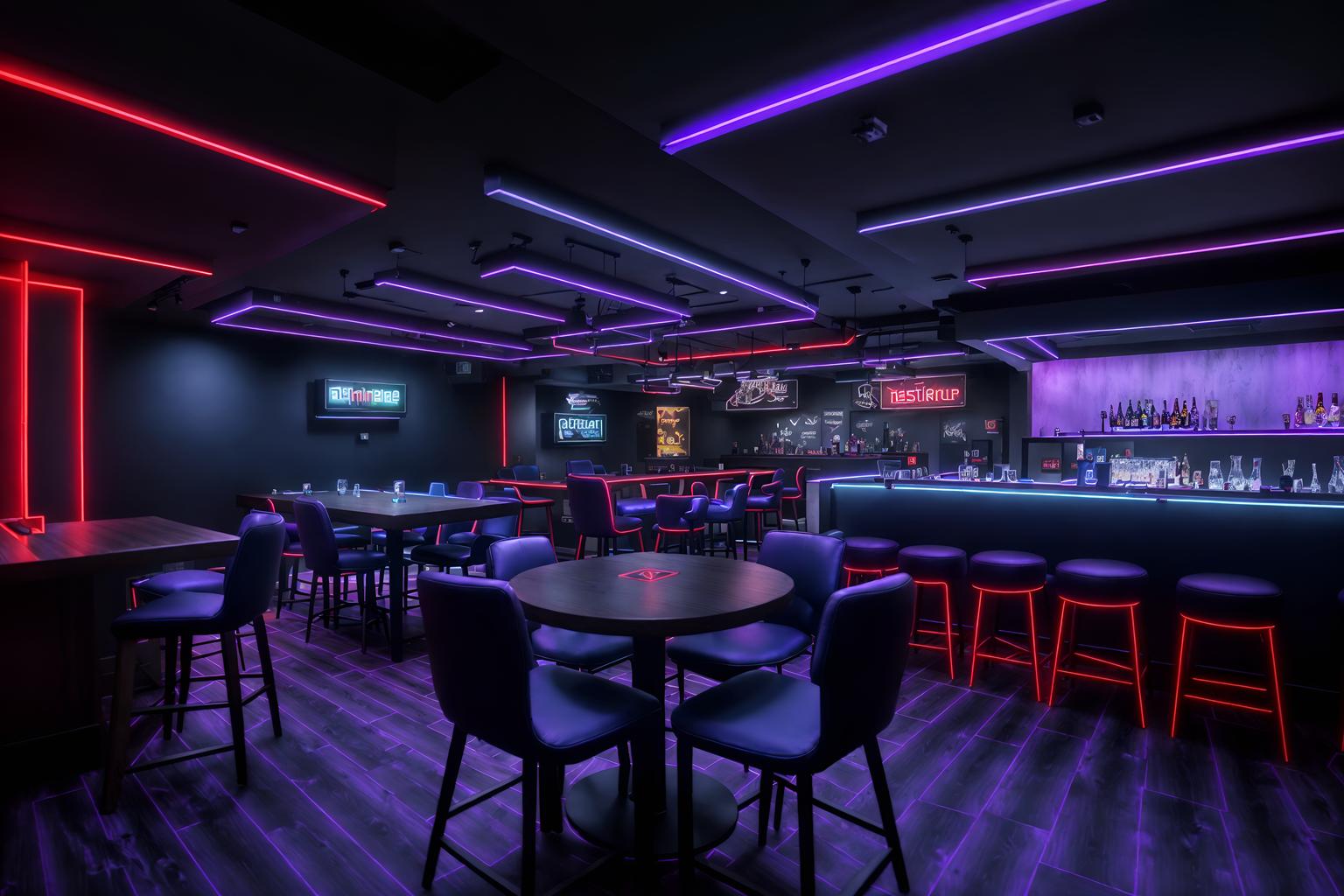 gaming room-style (restaurant interior) with restaurant bar and restaurant chairs and restaurant dining tables and restaurant decor and restaurant bar. . with dark room and neon lights and purple, red and blue fade light and at night and dark walls and speakers and gaming chair and computer desk with computer displays and keyboard. . cinematic photo, highly detailed, cinematic lighting, ultra-detailed, ultrarealistic, photorealism, 8k. gaming room interior design style. masterpiece, cinematic light, ultrarealistic+, photorealistic+, 8k, raw photo, realistic, sharp focus on eyes, (symmetrical eyes), (intact eyes), hyperrealistic, highest quality, best quality, , highly detailed, masterpiece, best quality, extremely detailed 8k wallpaper, masterpiece, best quality, ultra-detailed, best shadow, detailed background, detailed face, detailed eyes, high contrast, best illumination, detailed face, dulux, caustic, dynamic angle, detailed glow. dramatic lighting. highly detailed, insanely detailed hair, symmetrical, intricate details, professionally retouched, 8k high definition. strong bokeh. award winning photo.