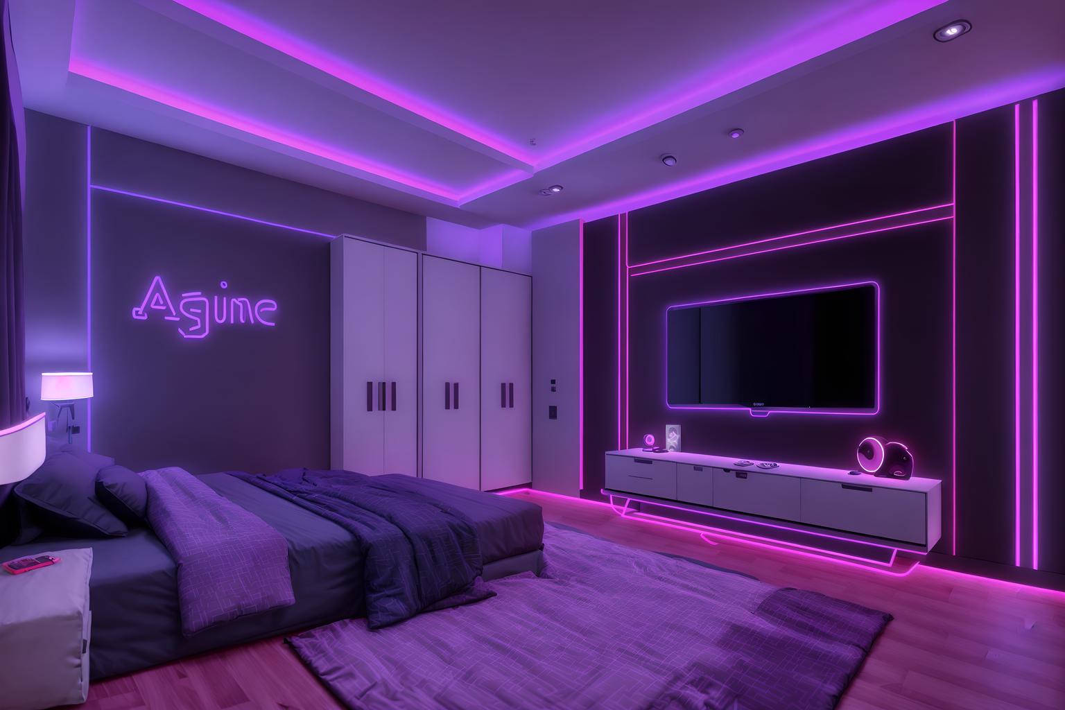 gaming room-style (bedroom interior) with storage bench or ottoman and accent chair and bed and bedside table or night stand and dresser closet and night light and mirror and headboard. . with purple and red lights and gaming chair and at night and purple, red and blue fade light and dark walls and neon letters on wall and neon lights and speakers. . cinematic photo, highly detailed, cinematic lighting, ultra-detailed, ultrarealistic, photorealism, 8k. gaming room interior design style. masterpiece, cinematic light, ultrarealistic+, photorealistic+, 8k, raw photo, realistic, sharp focus on eyes, (symmetrical eyes), (intact eyes), hyperrealistic, highest quality, best quality, , highly detailed, masterpiece, best quality, extremely detailed 8k wallpaper, masterpiece, best quality, ultra-detailed, best shadow, detailed background, detailed face, detailed eyes, high contrast, best illumination, detailed face, dulux, caustic, dynamic angle, detailed glow. dramatic lighting. highly detailed, insanely detailed hair, symmetrical, intricate details, professionally retouched, 8k high definition. strong bokeh. award winning photo.