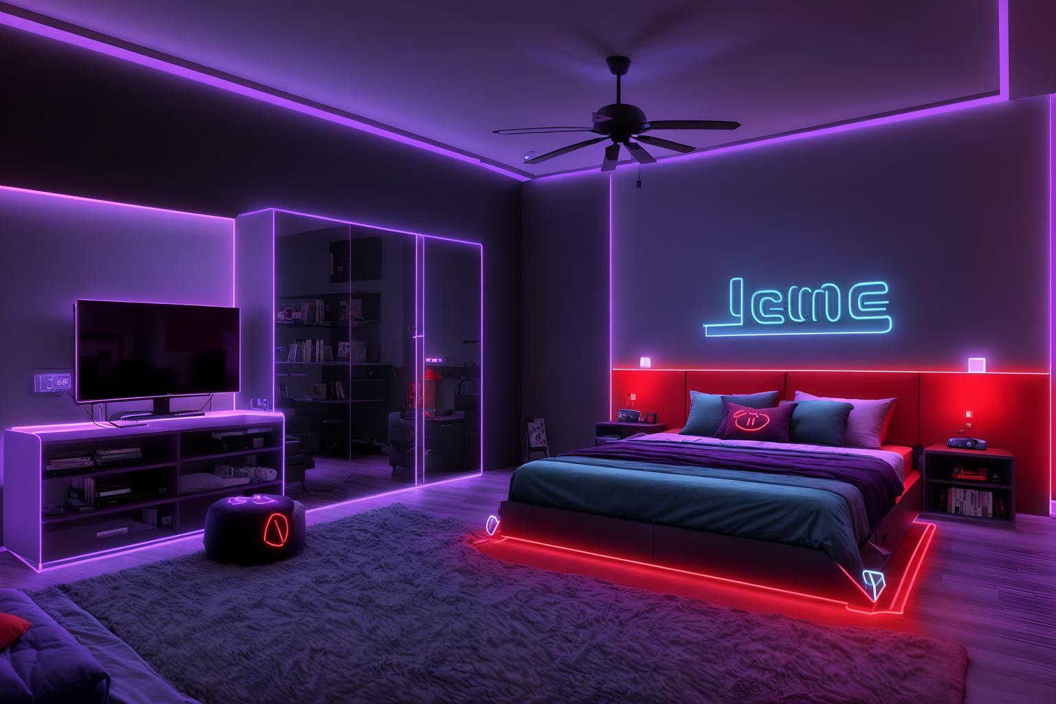 gaming room-style (bedroom interior) with storage bench or ottoman and accent chair and bed and bedside table or night stand and dresser closet and night light and mirror and headboard. . with purple and red lights and gaming chair and at night and purple, red and blue fade light and dark walls and neon letters on wall and neon lights and speakers. . cinematic photo, highly detailed, cinematic lighting, ultra-detailed, ultrarealistic, photorealism, 8k. gaming room interior design style. masterpiece, cinematic light, ultrarealistic+, photorealistic+, 8k, raw photo, realistic, sharp focus on eyes, (symmetrical eyes), (intact eyes), hyperrealistic, highest quality, best quality, , highly detailed, masterpiece, best quality, extremely detailed 8k wallpaper, masterpiece, best quality, ultra-detailed, best shadow, detailed background, detailed face, detailed eyes, high contrast, best illumination, detailed face, dulux, caustic, dynamic angle, detailed glow. dramatic lighting. highly detailed, insanely detailed hair, symmetrical, intricate details, professionally retouched, 8k high definition. strong bokeh. award winning photo.